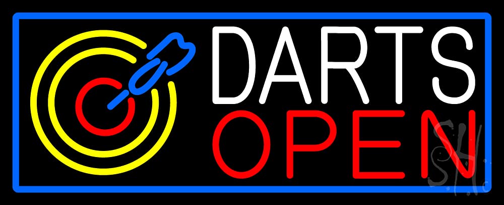 13 x 32 Inch LED Neon Dart Board Sign with Blue Border & Dimmer - Black Acrylic Backing for Bright Indoor Bar Decor - Perfect for Game Rooms, Pubs, and Man Caves