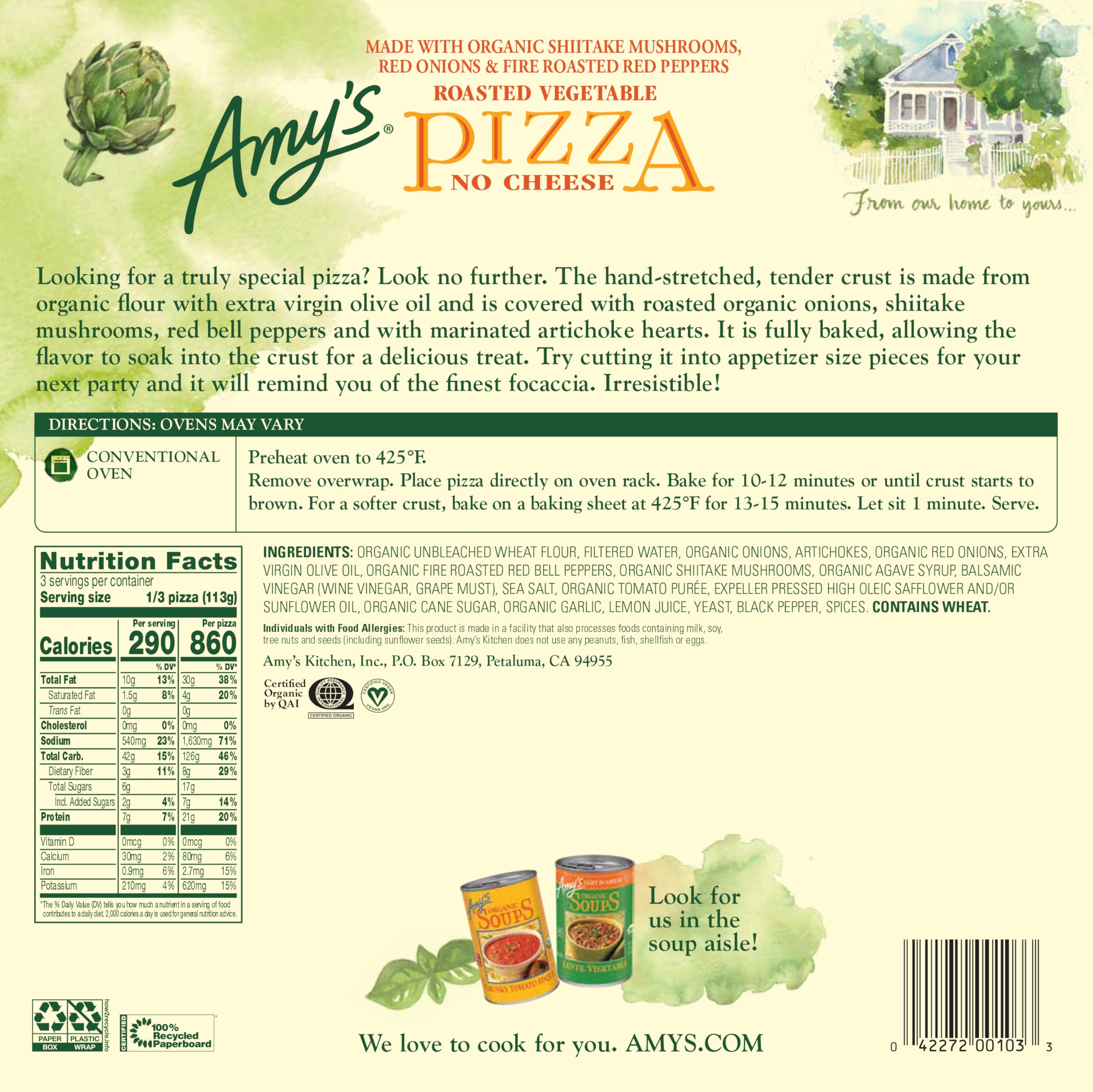 Amy's Organic Roasted Vegetable Vegan Frozen Pizza - Gluten-Free, Dairy-Free with Mushrooms, Onions & Peppers - 12 Oz Frozen Meal - Perfect for Quick Vegan Dinners & Healthy Family Meals
