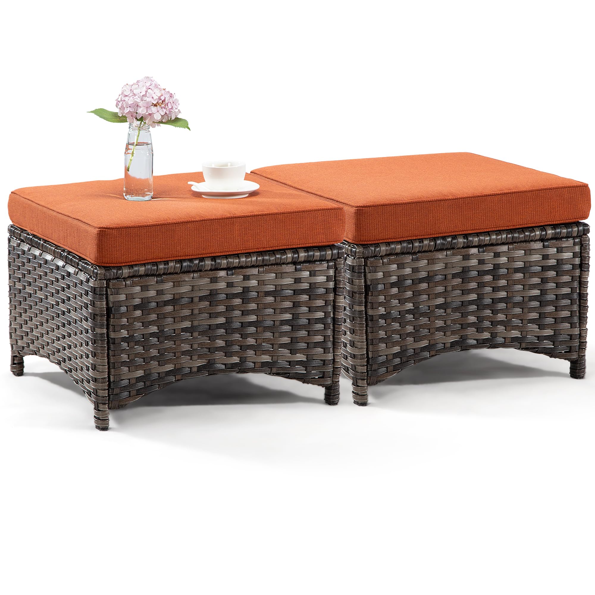 Joyside Outdoor Ottomans Set of 2 - PE Wicker Steel Frame Footstool with Removable Olefin Cushions for Patio, Garden, Backyard & Deck - Orange | Perfect for Outdoor Lounging, Poolside Relaxation & Entertaining Guests