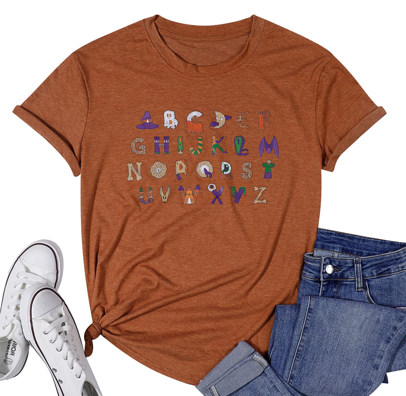 ALLTB Women's Teacher T-Shirt - Alphabet Graphic Tee for Kindergarten & Elementary Educators - Perfect Halloween Costume & Teacher Appreciation Gift - Classroom, School Events & Casual Wear