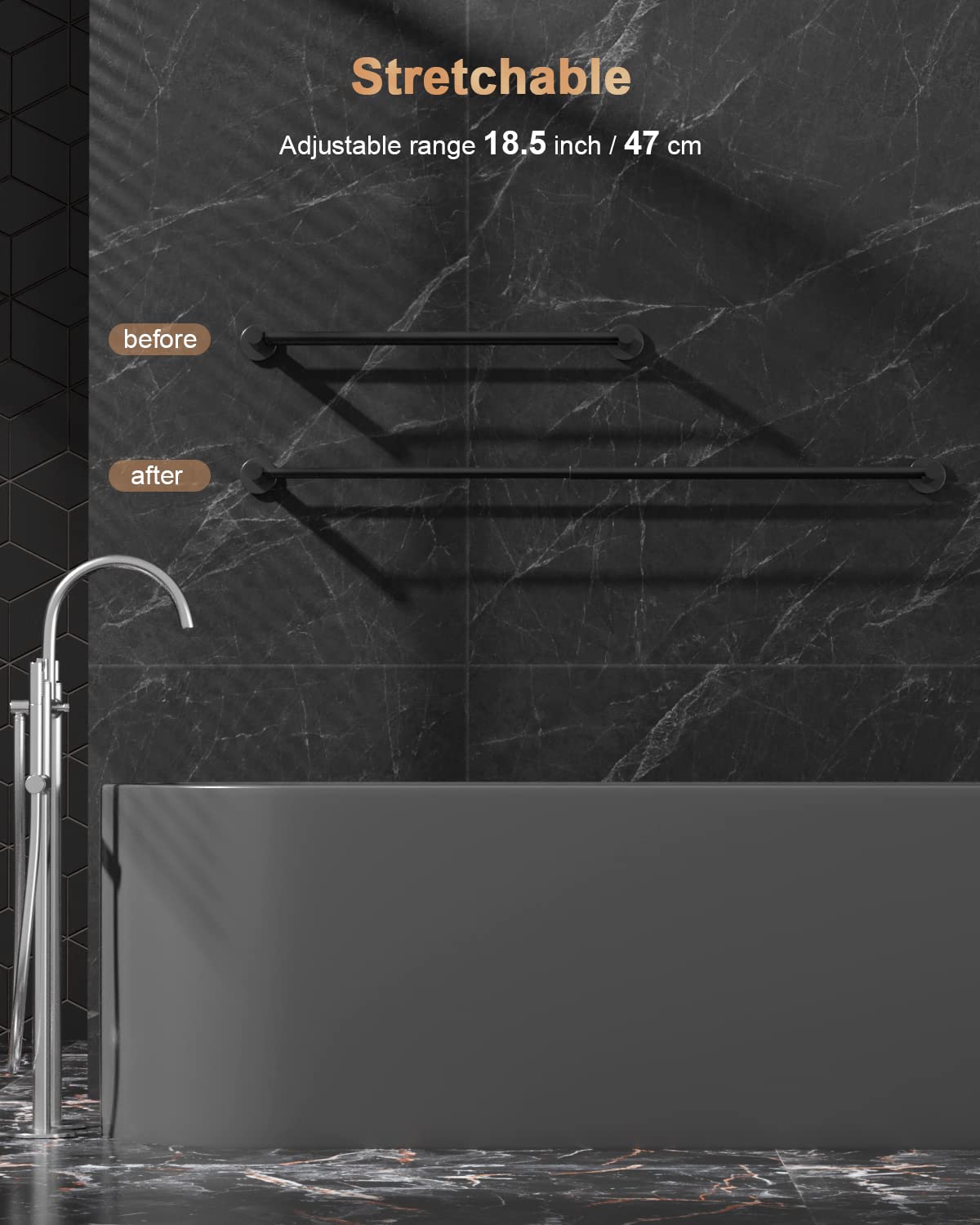 ZUEXT Adjustable Double Bath Towel Bar 23.6-42 Inch - Oil Rubbed Black Stainless Steel Towel Holder with Hooks - Expandable Wall Mounted Towel Rail for Bathroom & Kitchen - 1