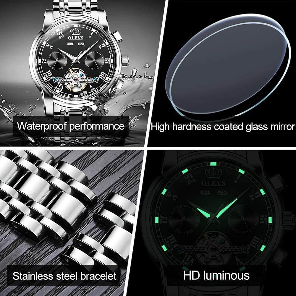 OLEVS Automatic Self-Winding Men's Watch - Stainless Steel Tourbillon Mechanical Watch with Luminous Hands | Waterproof Luxury Dress Watch for Business, Formal & Special Occasions