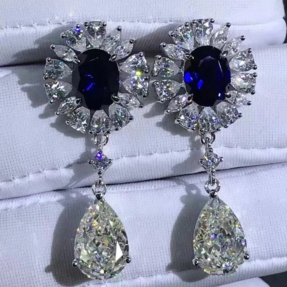WUIHA 925 Sterling Silver Platinum Plated 12CT Ruby & Sapphire Moissanite Drop Earrings for Women - Elegant Dangle Jewelry Gift for Birthday, Anniversary & Special Occasions