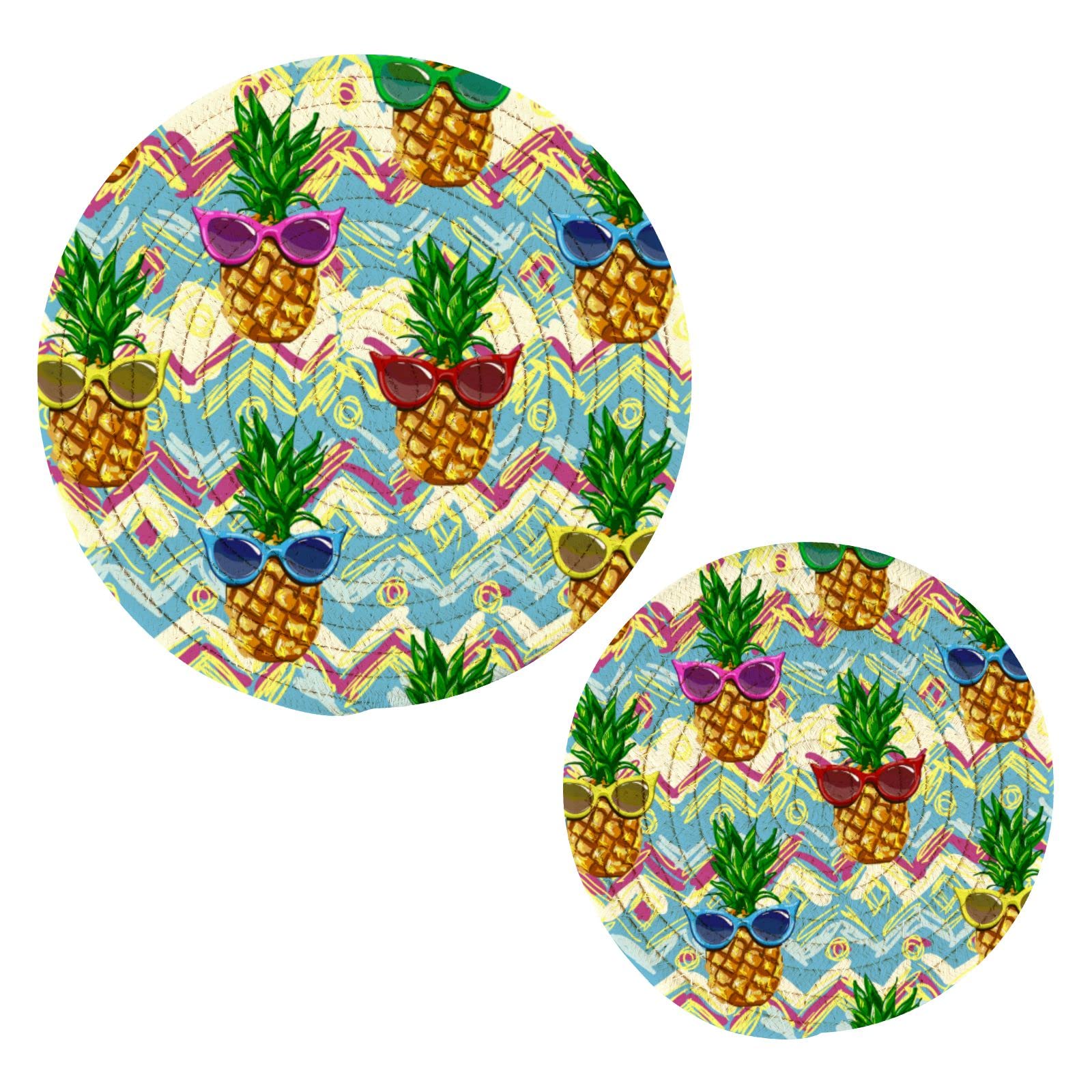 2-Pack Tropical Pineapple Sunglasses & Heat-Resistant Kitchen Potholders Set - Thread Weave Trivets, Coasters for Hot Dishes, Pans, Bowls & Teapots - Perfect for Cooking, Baking & Summer Decor