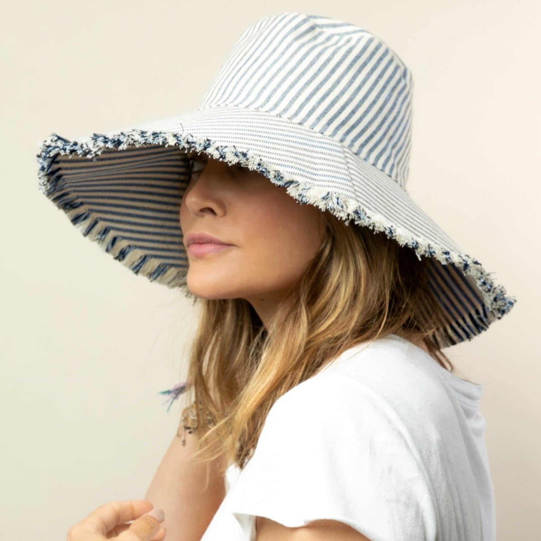 Lightweight Packable Canvas Hat for Men & Women - Navy Striped Sun Hat for Outdoor, Travel, Hiking & Beach Activities