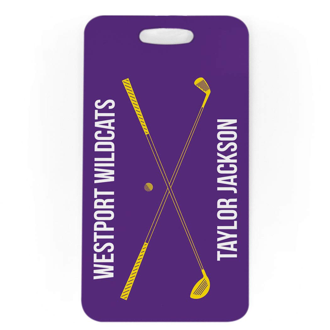 Personalized Golf Bag Tag with Crossed Golf Clubs Design - Large Purple & Yellow Luggage Tag for Golfers | Perfect for Golf Travel, Tournaments & Club Identification