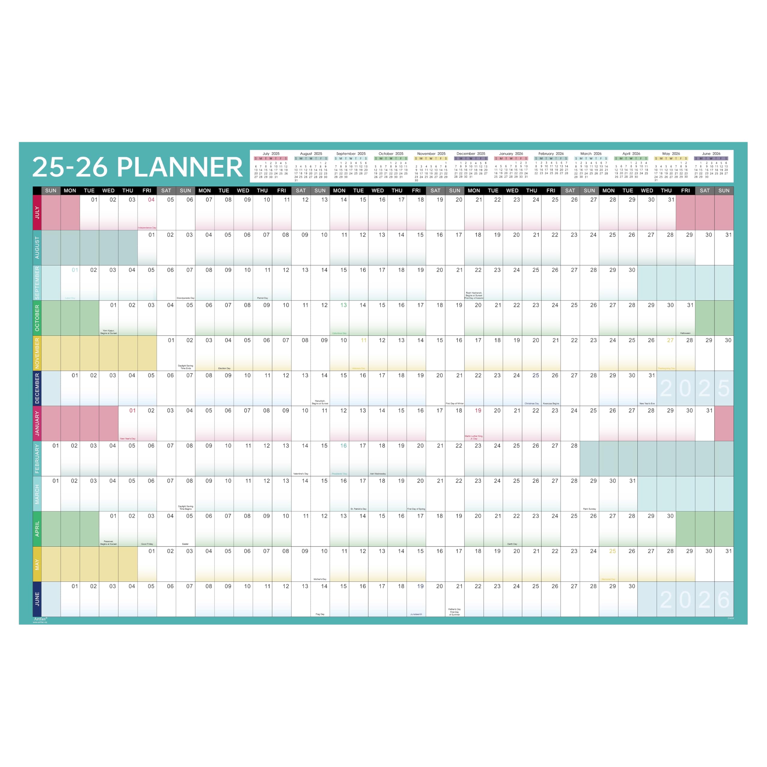 2025-2026 Yearly Wall Calendar | July 2025 - June 2026 with Julian Dates | 34.9