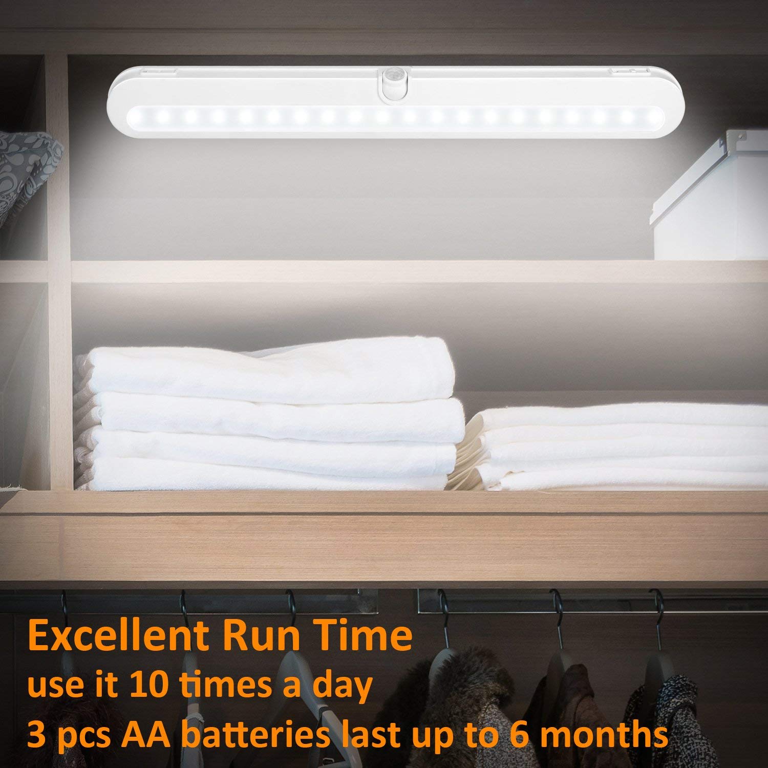 BLS T01L LED Closet Light - 20 Super Bright LEDs, Wireless Motion Sensor Light with Auto On/Off, Adjustable Light Beam - Battery/DC Powered Under Cabinet Lighting for Kitchen, Wardrobe, Pantry, Garage Storage