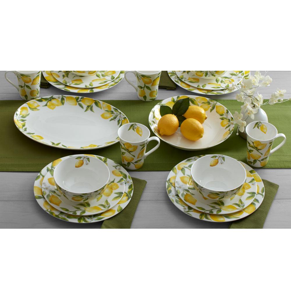 16-Piece Lemon Print Dinnerware Set - Service for 4, Porcelain Plates Bowls & Mugs - Perfect for Family Dining, Kitchen Decor & Dinner Parties