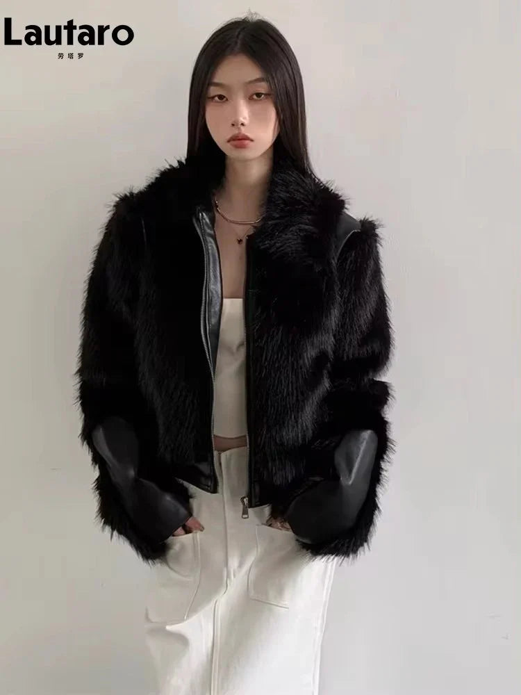 2023 Women's Fluffy Faux Fox Fur Coat - Soft Thickened Warm Shaggy Patchwork Jacket for Autumn & Winter | Cozy Outerwear for Casual Outings & Cold Weather Fashion