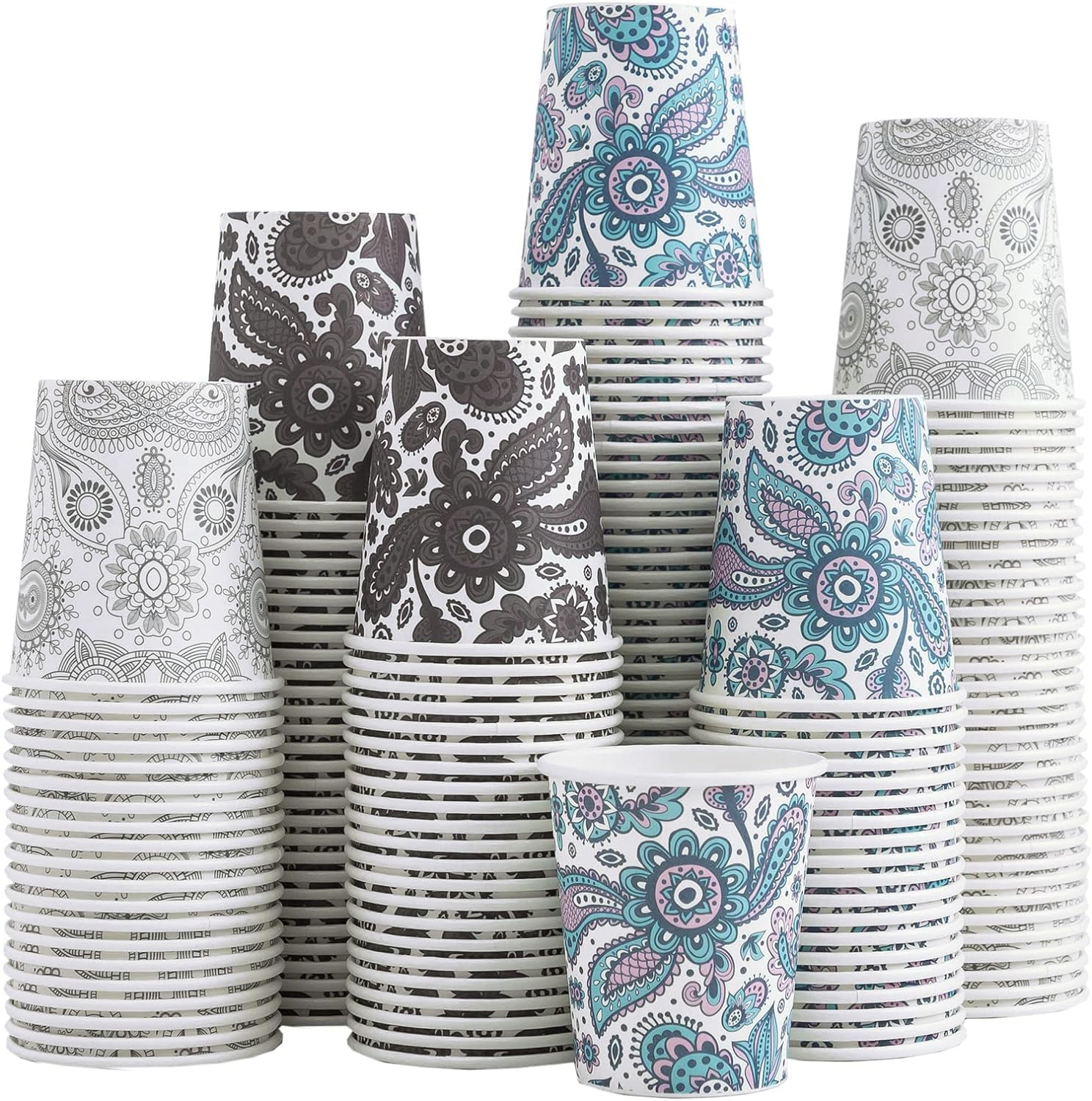 [300 Pack] 3 oz Disposable Paper Cups - Small Bathroom Cups for Mouthwash, Travel & Parties | Eco-Friendly Mini Paper Cups for Supermarkets, Events, Picnics, BBQs & Home Use (Paisley Design)