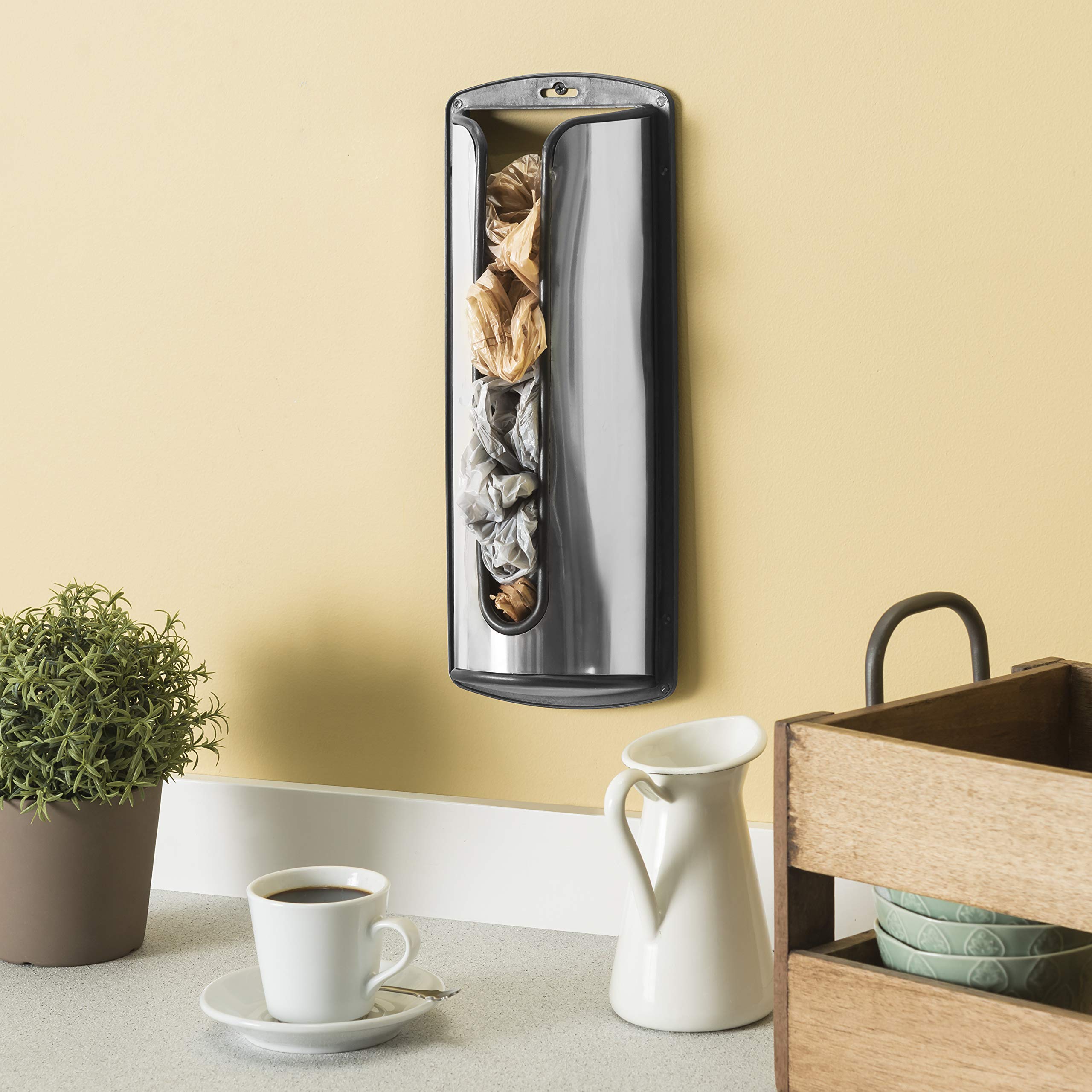 Home Basics Silver Wall-Mounted Plastic Bag Organizer Dispenser - Single Pack with Installation Hardware | Metal & Plastic Baggie Storage Solution | Perfect for Kitchen, Pantry, Garage & Laundry Room Organization