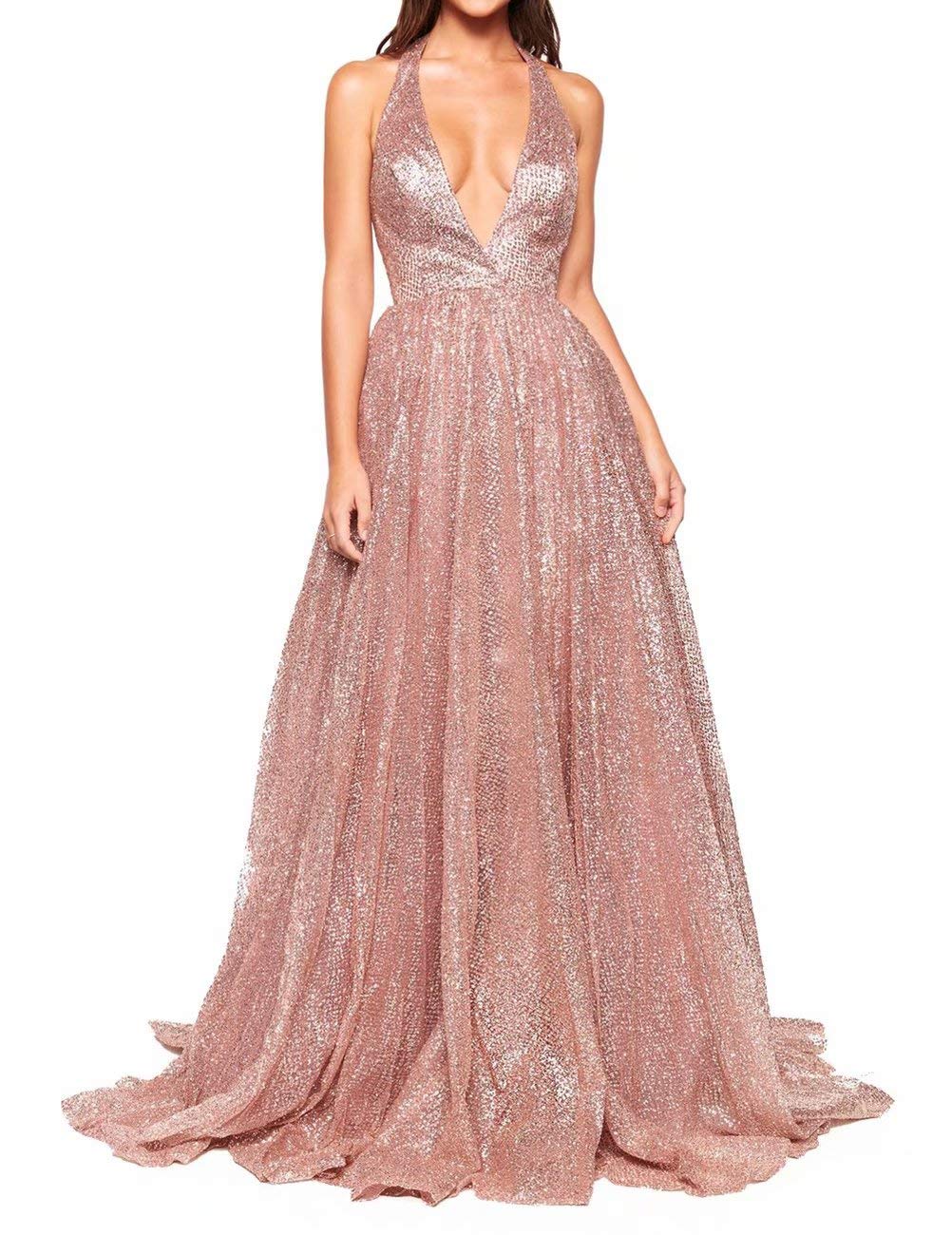 Sparkling Deep V-Neck Prom Dresses for Women | Long Backless Tulle Formal Evening Gown | Perfect for Homecoming, Prom Night & Special Occasions