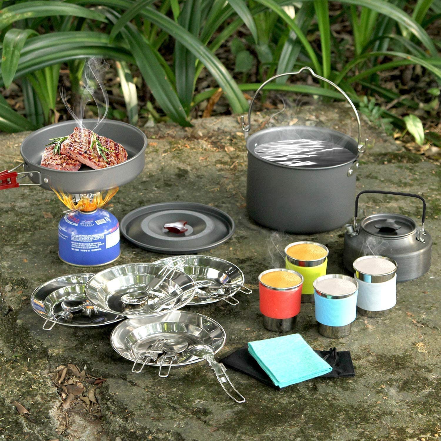 **Portable Camping Cookware Set for 3-4 People - Lightweight Pot, Pan, Mini Cups, Dishes, Forks & Spoons - Perfect for Outdoor Adventures, Hiking & Backpacking**