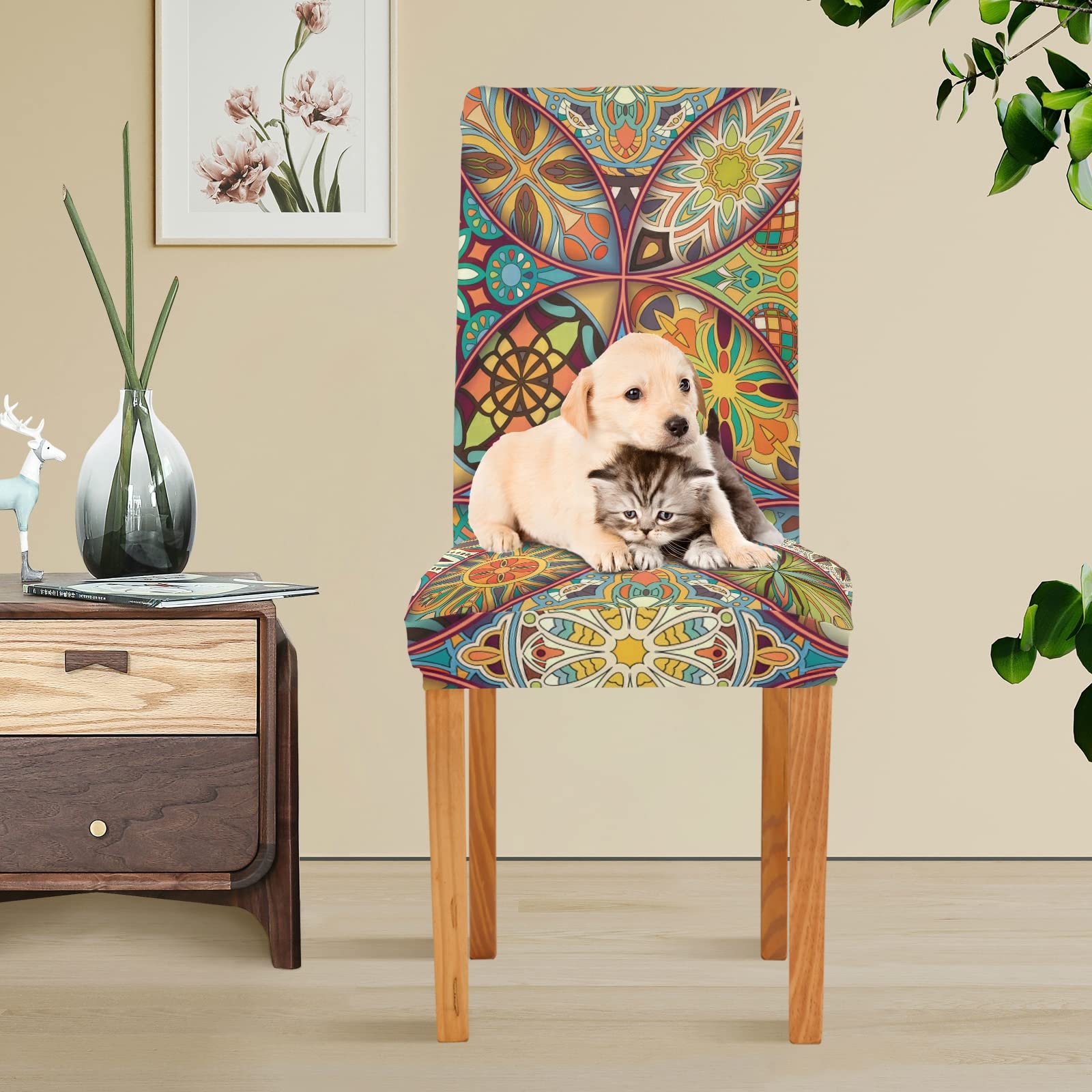 Ethnic Floral Mandala Dining Chair Covers Set of 2 - Washable & Stretchable Slipcovers for Dining Room, Wedding, Party & Office Decor - Perfect for Home, Ceremony & Holiday Gatherings