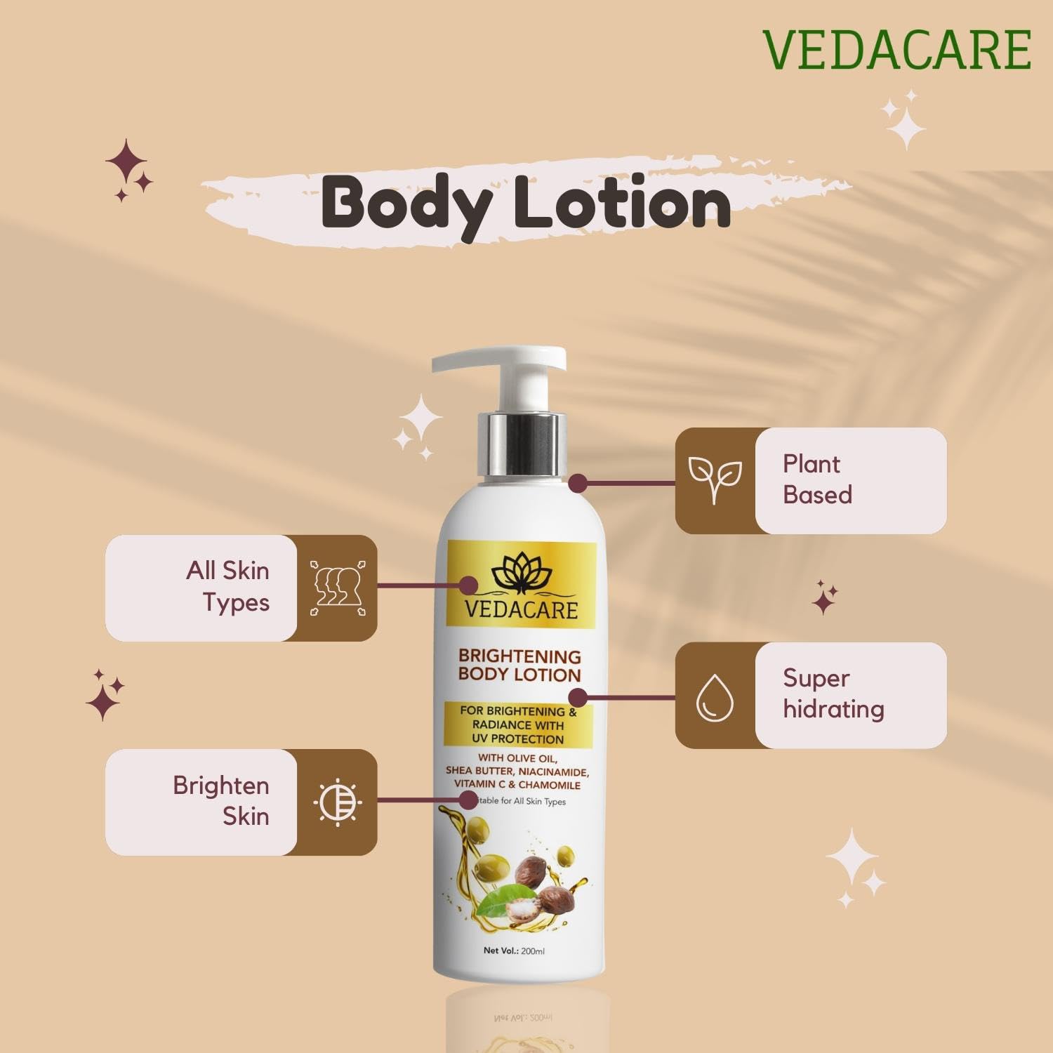 Vedacare Brightening Body Lotion 200ml with Niacinamide, Olive Oil, Shea Butter & Vitamin C - Skin Lightening, Moisturizing & Sun Protection for Hyperpigmentation - Perfect for Daily Use, After Sun Care & Evening Skincare Routine