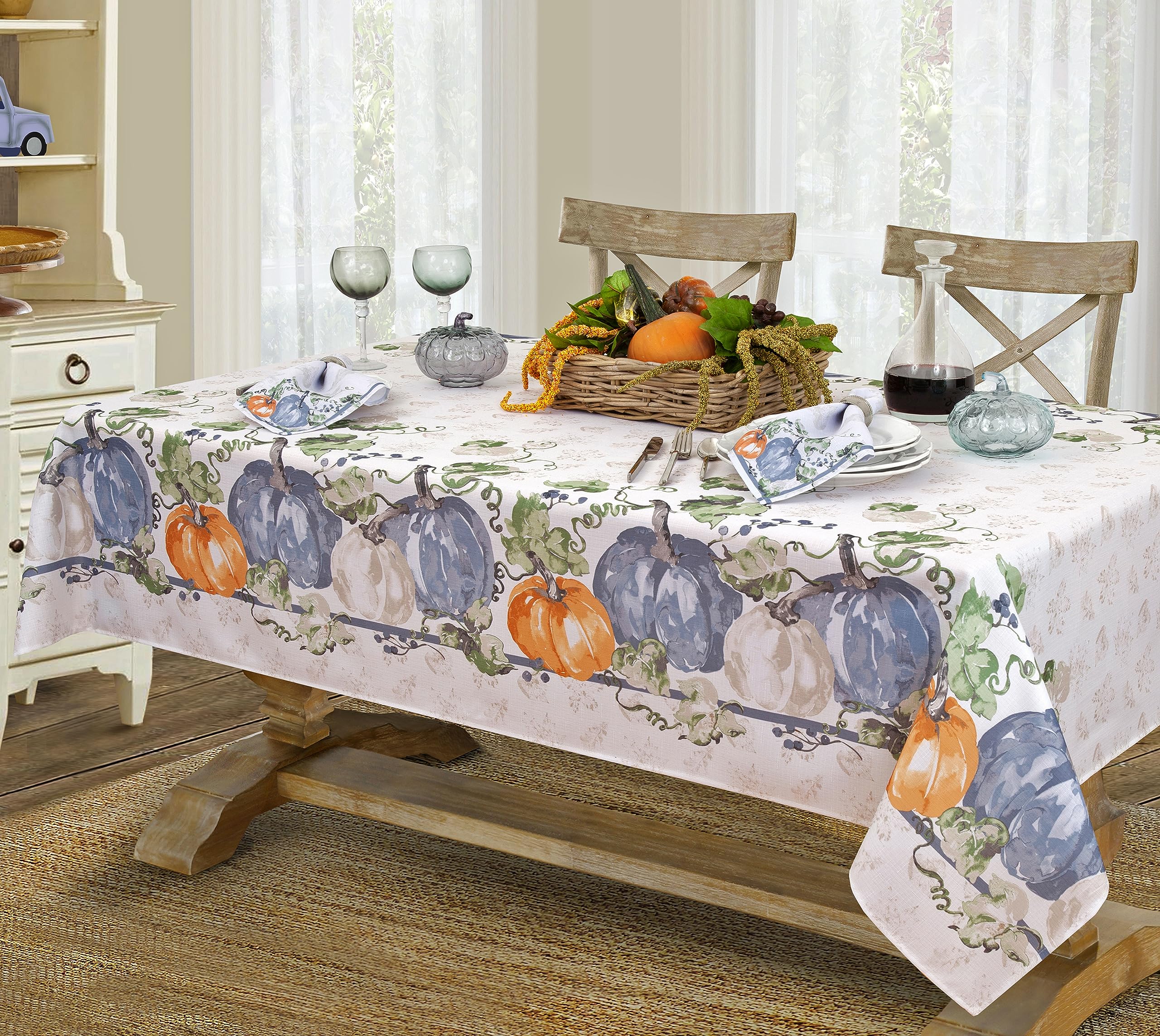 Premium Stone Washed Blue Pumpkin Vines Fabric Napkin Set - Set of 8 Elegant Bordered Napkins for Thanksgiving, Fall Decor, and Seasonal Table Setting