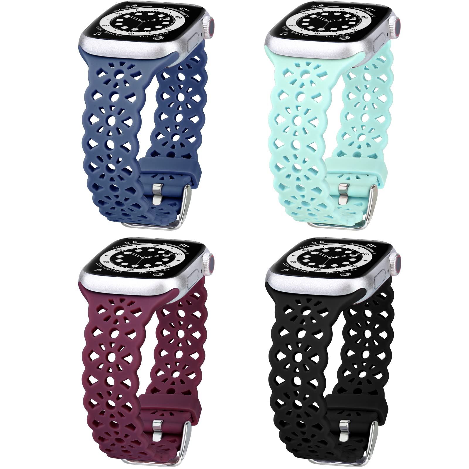 **CAGOS 4 Pack Floral Cutout Boho Silicone Sport Bands for Apple Watch 38mm 40mm 41mm 42mm 44mm 45mm - Compatible with Series 8/7/SE/6/5/4/3/2/1 - Stylish & Comfortable Watch Straps for Women - Perfect for Workouts, Yoga & Everyday Wear**
