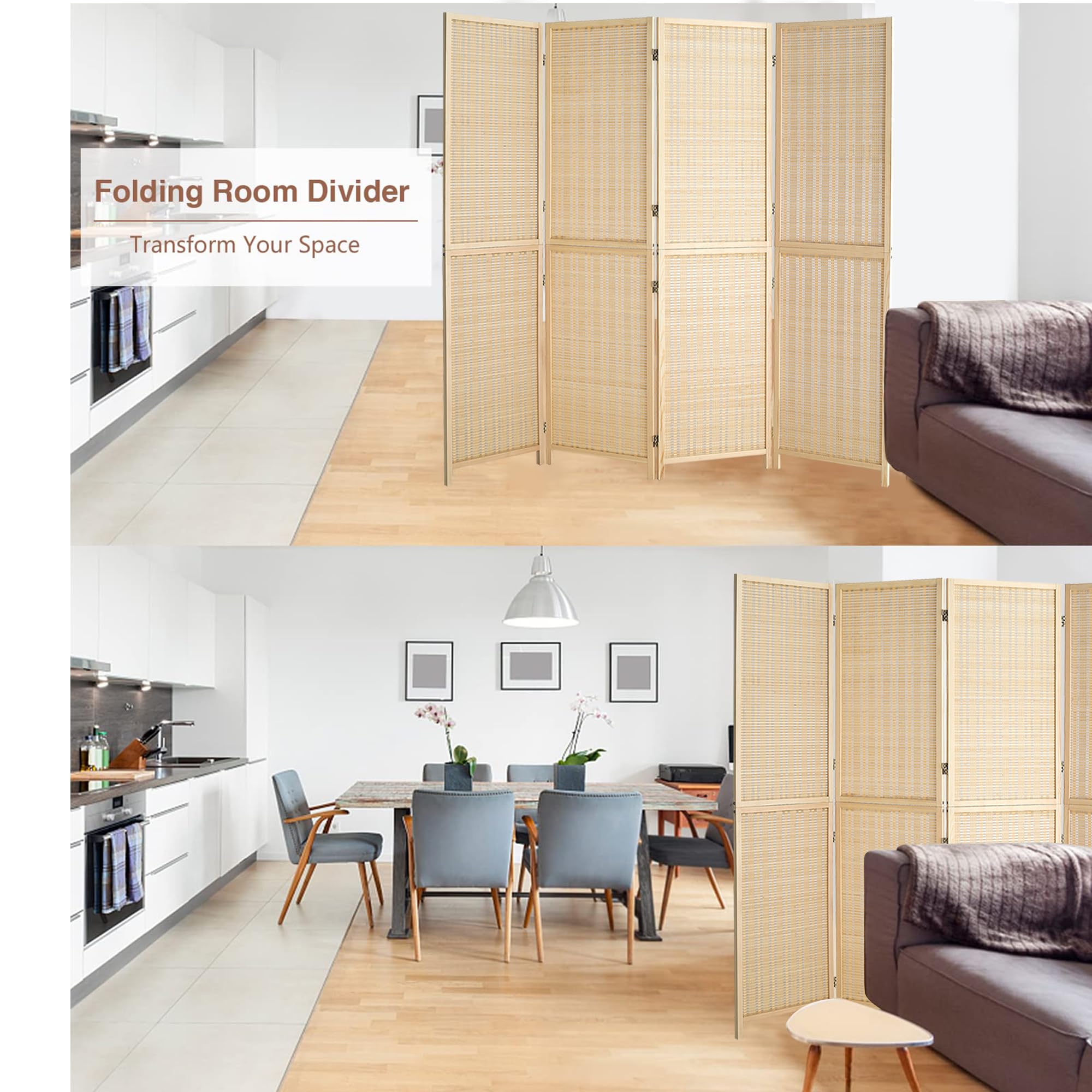 Duraspace 4 Panel Bamboo Room Divider - 6ft Tall Folding Privacy Screen for Home & Office - Portable Freestanding Wall Partition with Sturdy Double Hinge - Perfect for Room Separation, Bedroom Privacy, and Event Decoration
