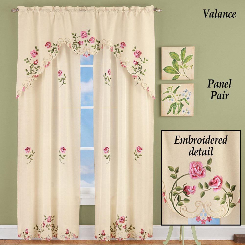 Elegant Pink Rose Floral Embroidered Curtains Drapes - Ivory & Rose 63