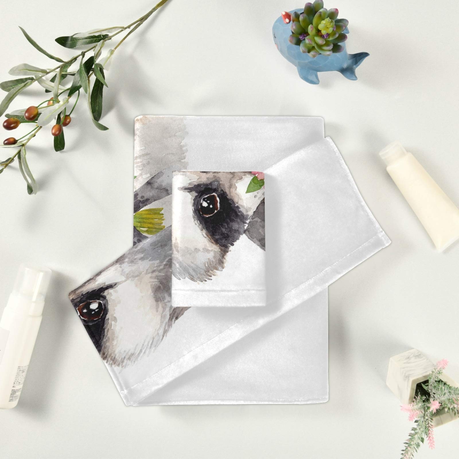 Soft Absorbent Watercolor Raccoon Baby Bath Towel Set - 3 Pieces (Bath Towel, Hand Towel, Washcloth) for Nursery, Spa, Hotel & Beach | Floral Animal Print Baby Shower Gift