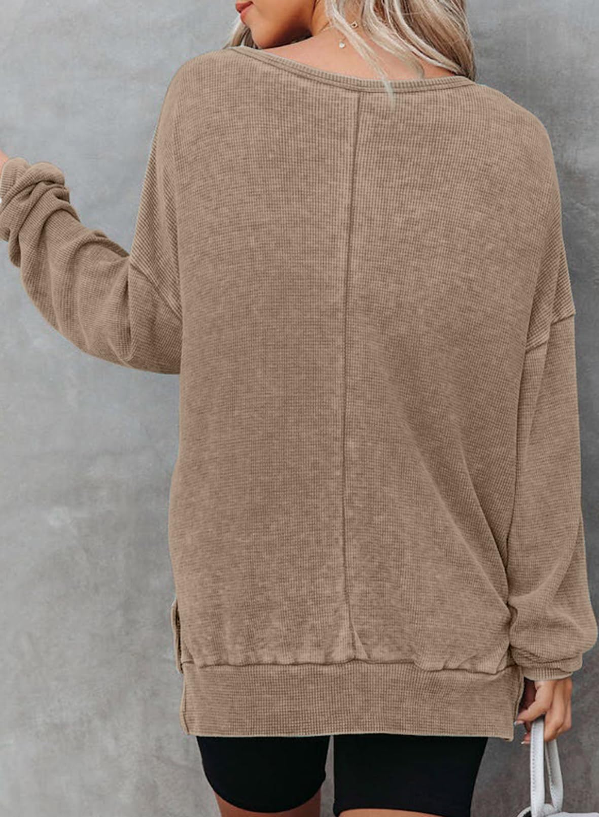 Women's Oversized Waffle Knit Sweatshirt - Long Sleeve Crewneck Pullover with Side Slits | Casual Loungewear & Fall Fashion for Everyday Wear