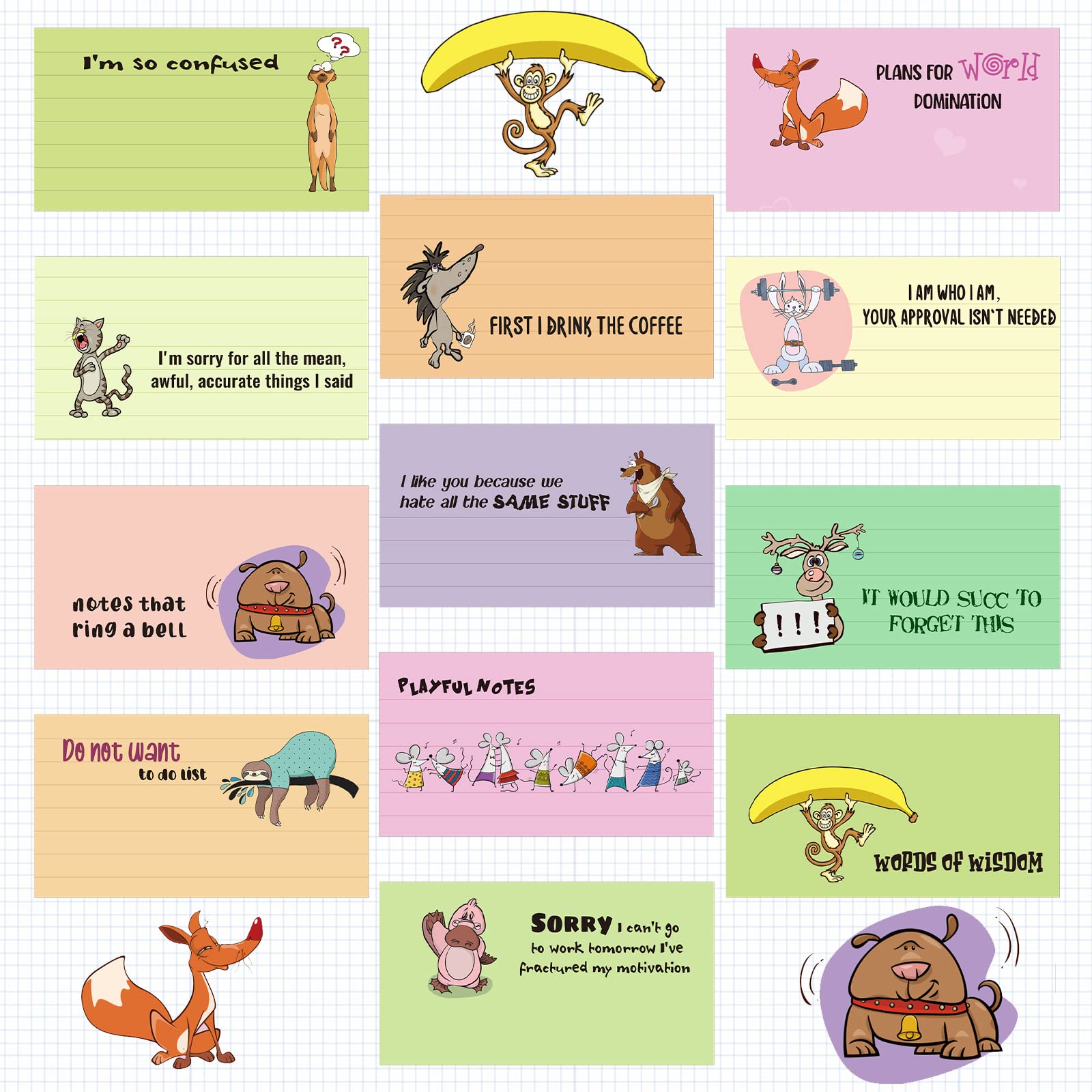 12 Pack Funny Animal Notepads - 3x5 Inch Humorous Memo Pads for Office, Coworkers, Teachers & Adults - 30 Sheets Per Pad - Perfect for Workplace Gifts, Desk Supplies & Daily Note-Taking (Cute Animals Design)