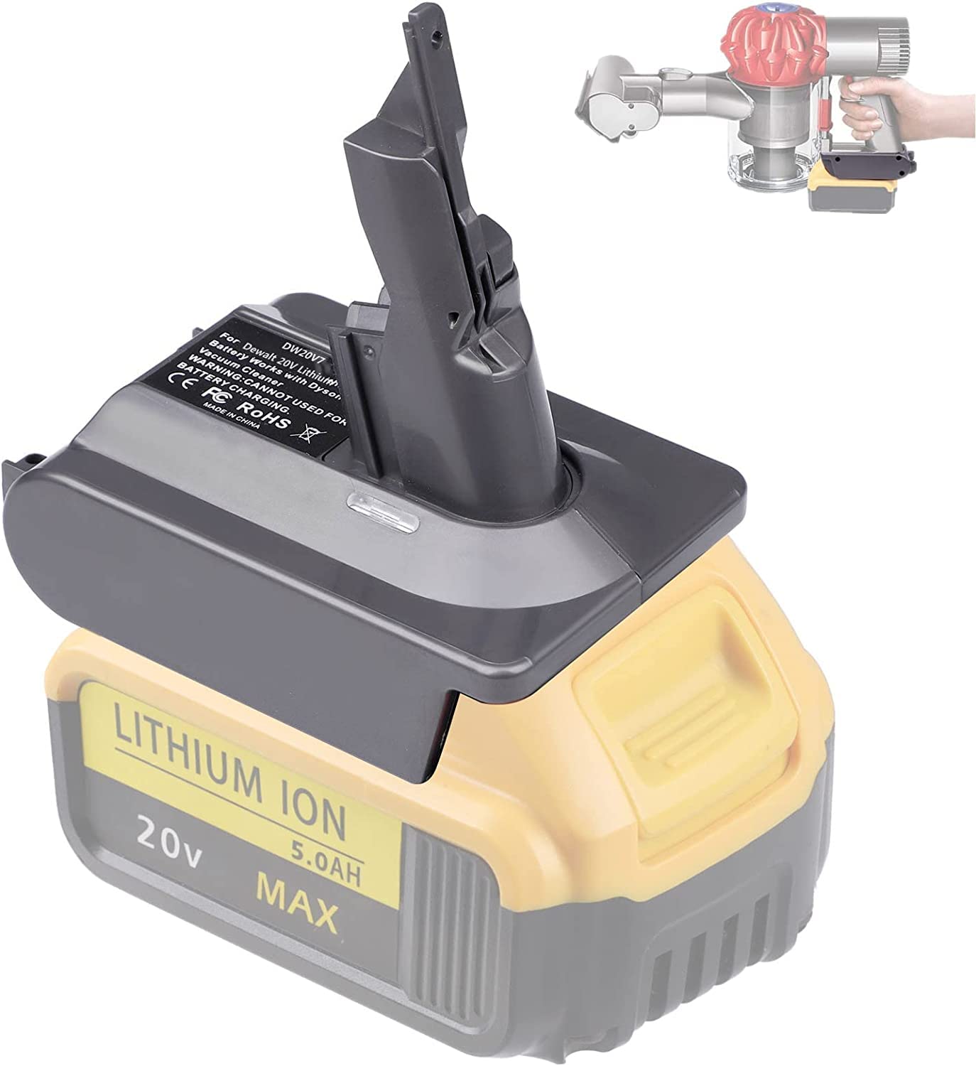 Upgraded Battery Adapter for Dyson V7 & V8 Vacuum Cleaners - Convert Dewalt 20V Lithium Battery to Dyson V7 V8 Animal Absolute Stick Handheld Vacuums - Perfect for Home Cleaning, Car Detailing & Pet Hair Removal (Adapter Only)