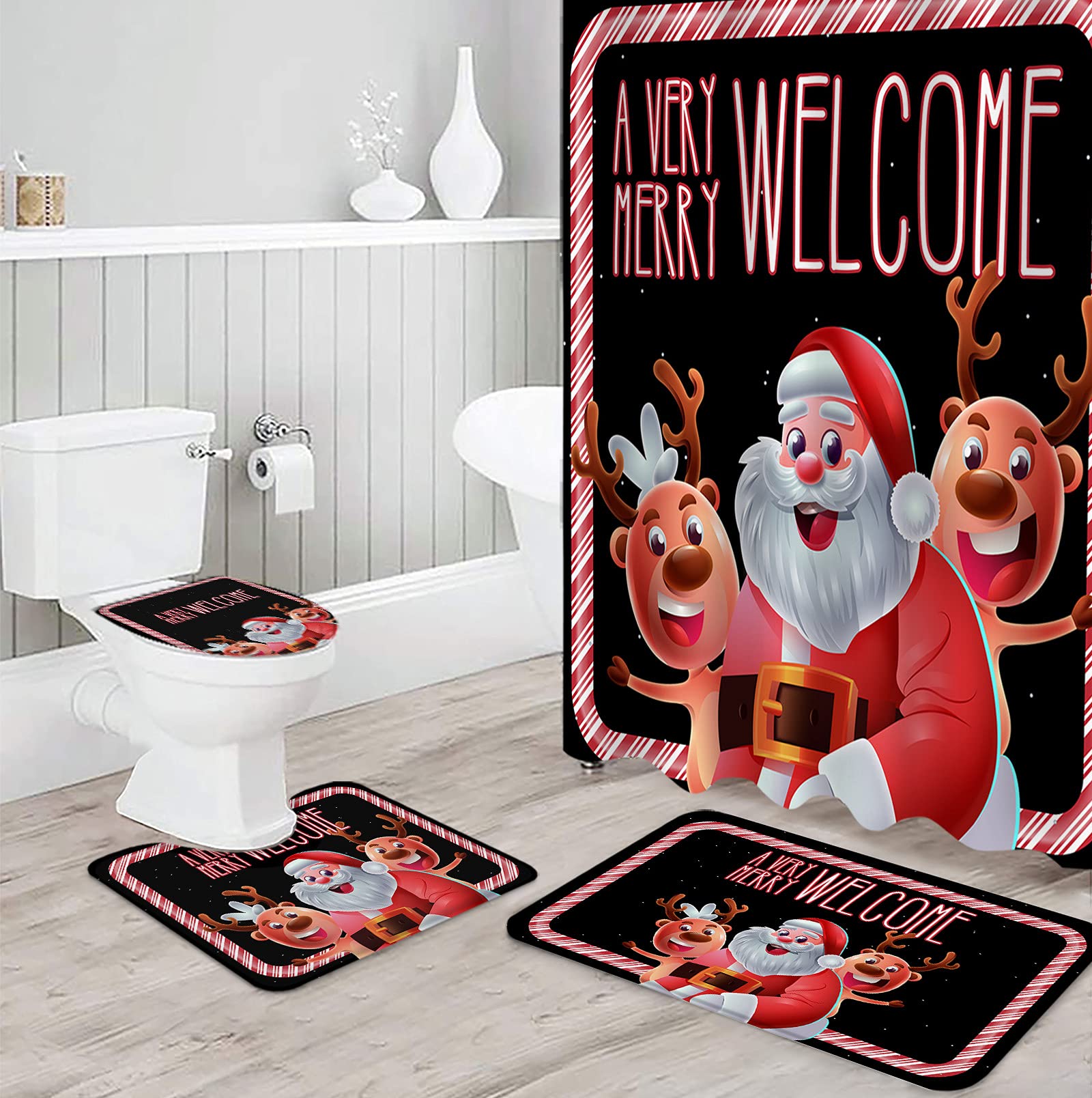 4-Piece Christmas Bathroom Decor Set - Waterproof Polyester Shower Curtain (36x72 Inch) with Non-Slip Rugs & Toilet Lid Cover - Santa Claus & Reindeer Holiday Theme - Perfect for Festive Bathroom Makeover & Christmas Home Decor
