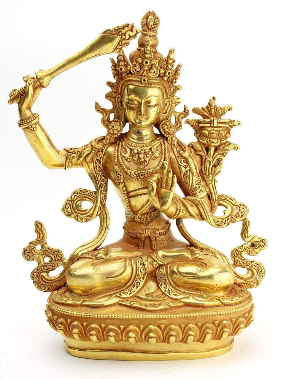 9 Inch Gold Plated Manjushri Statue - Buddhist Decor for Home Altar, Meditation Room & Spiritual Gifts | Handcrafted Brass Buddha Statue for Serenity & Enlightenment