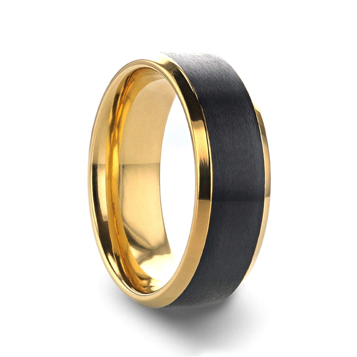 Beaumont Titanium Ring for Men - Comfort Fit Gold Plated Wedding Band with Brushed Black Center - 8mm Wide Polished Beveled Edge - Perfect for Engagement, Anniversary & Everyday Wear