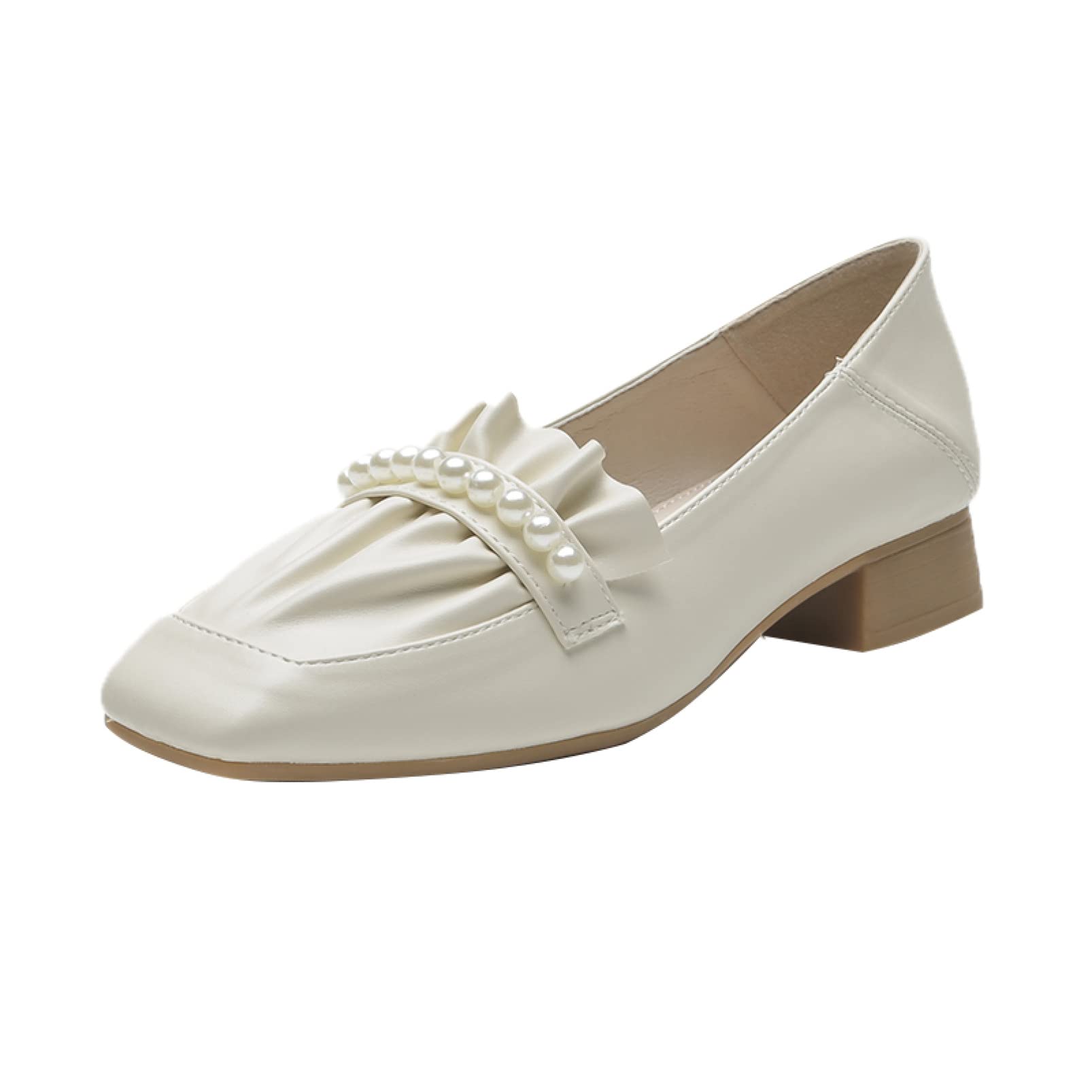 ChyJoey Women's White Loafers - Low Heel Slip-On Flat Shoes with Pearl & Ruffles - 1 Inch Comfortable Heel for Office, Work, Wedding & Dressy Occasions | Perfect for Business Casual, Bridal Parties & Professional Events