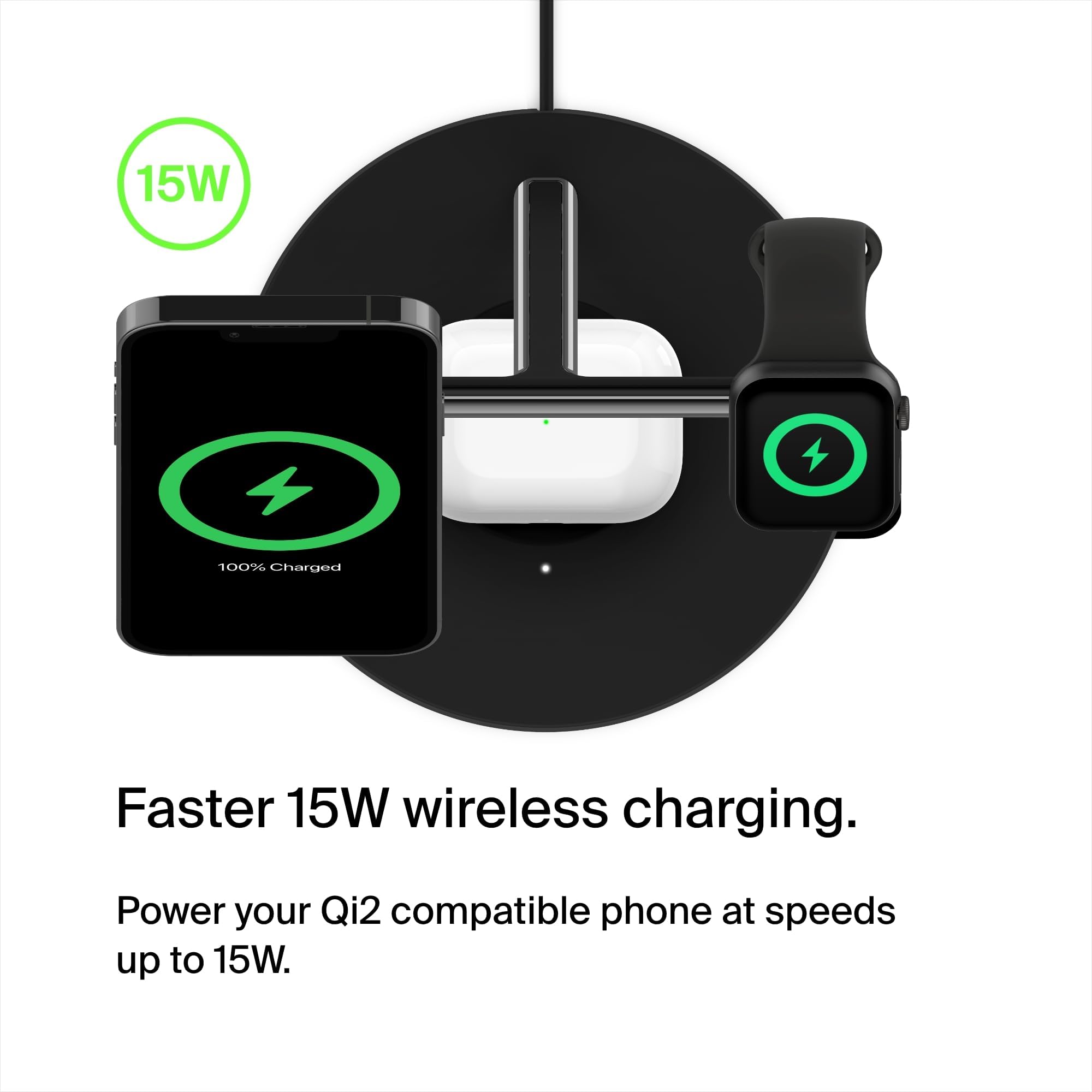Belkin BoostCharge Pro 3-in-1 Wireless Charger Stand with Qi2 Technology - Fast 15W Charging for iPhone 16/15/14/13/12, Apple Watch & AirPods - Magnetic Charging Pad (Black) | Perfect for Bedside, Office Desk & Travel