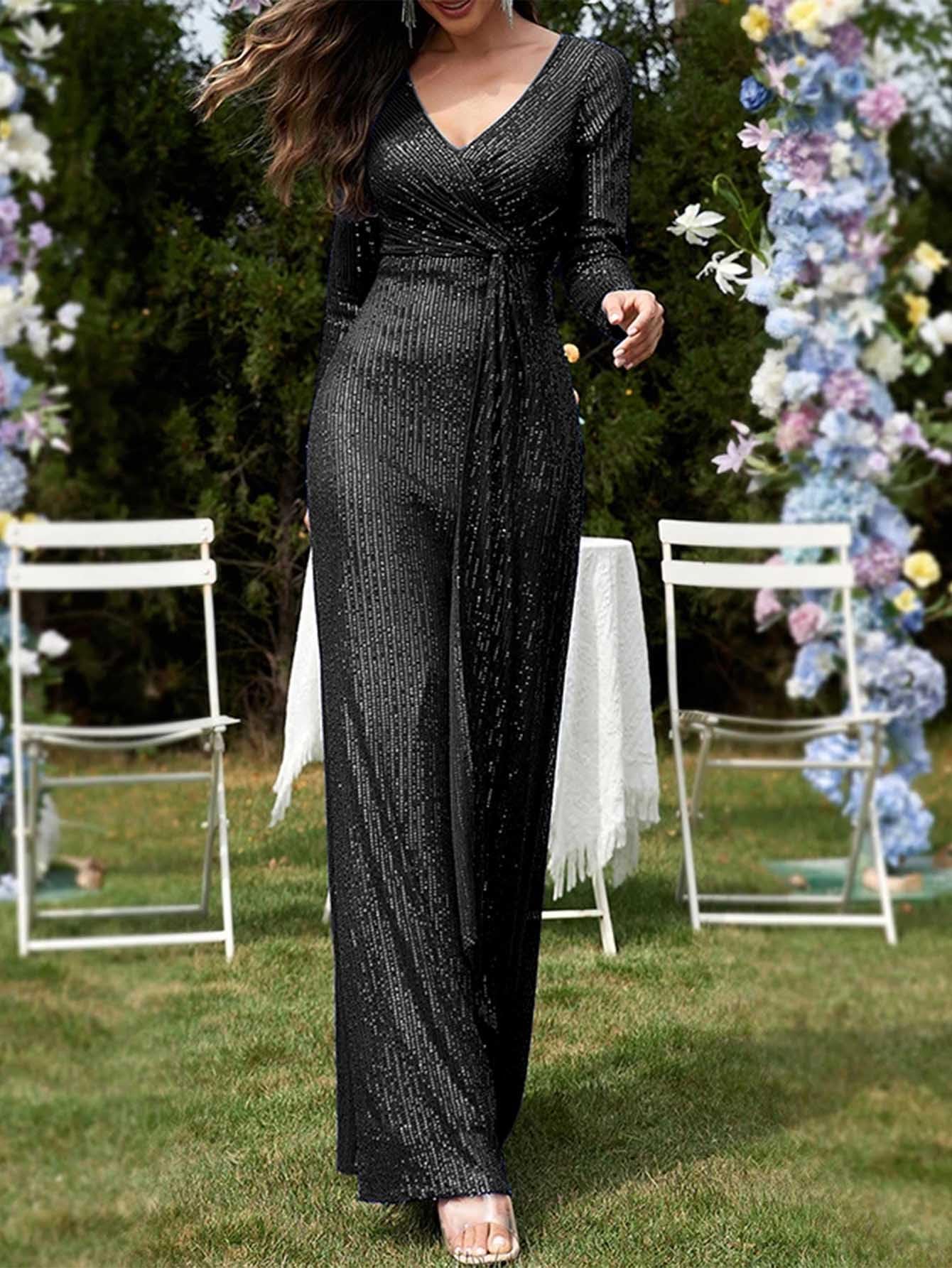 Meilun Women's Long Sleeve Sequin Formal Gown - Sparkly V-Neck Maxi Dress for Evening Parties, Prom, Wedding & Special Occasions