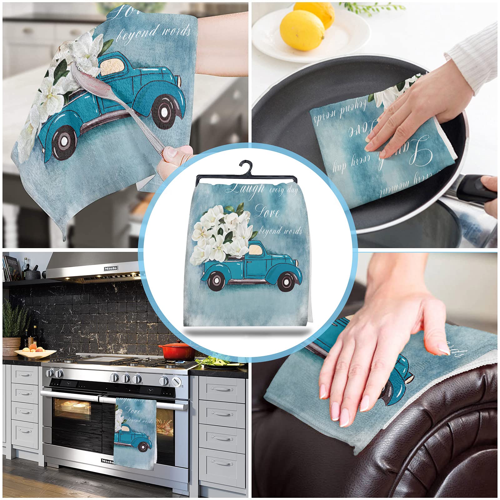 Premium White Floral Blue Truck Kitchen Towels - 18x28 Inch Soft Cotton Dish Cloths (2-Pack) | Absorbent Tea Towels, Bar Towels & Hand Towels for Kitchen, Bathroom & Restaurant Use