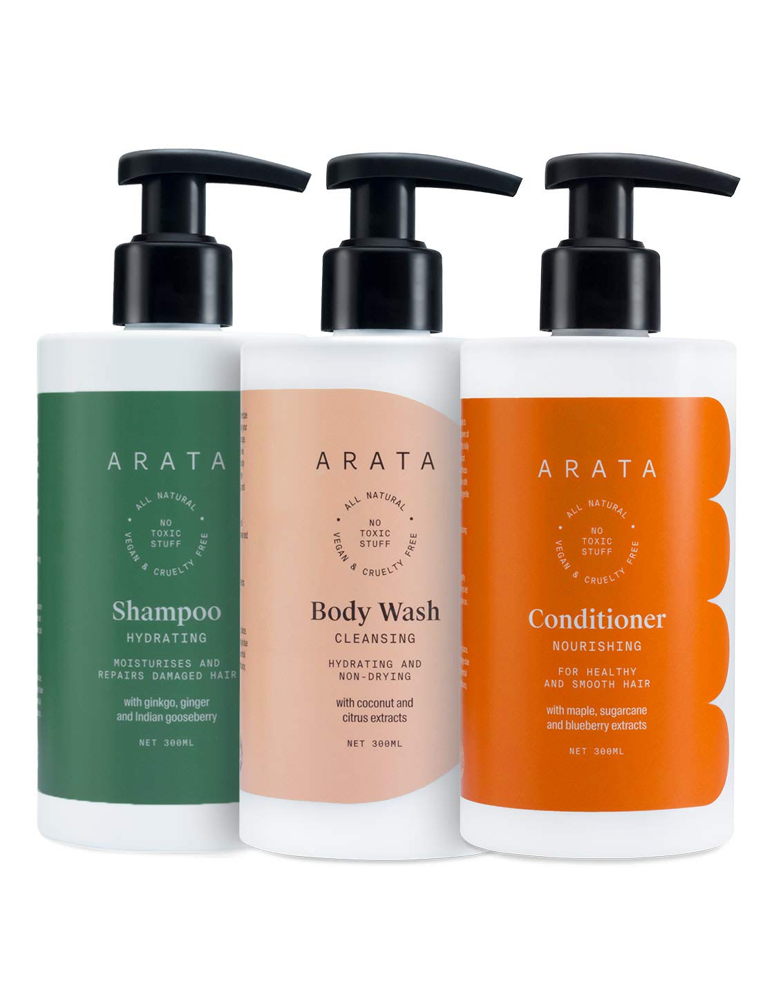 Arata Natural Deep Hydration Combo Therapy Set - Hydrating Shampoo, Body Wash & Conditioner (300ml Each) for Men & Women | Vegan, Cruelty-Free Hair & Skin Care | Intensely Nourishes Hair & Moisturizes Skin | Perfect for Daily Shower & Hair Care Routine