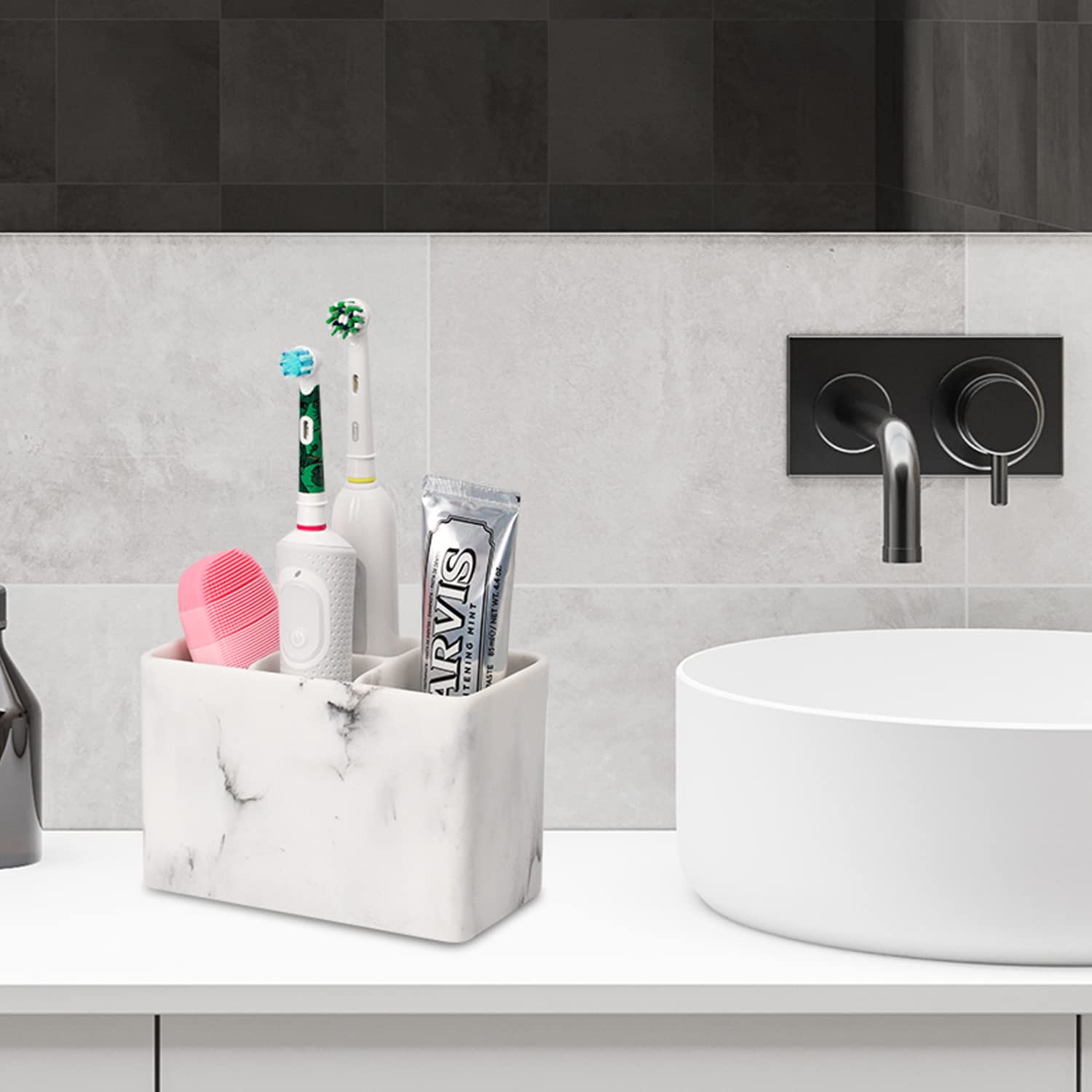 White 4-Slot Bathroom Toothbrush Organizer - Countertop Toothpaste & Razor Holder, Vanity Storage Set for Toothbrushes, Shaving Tools & Essentials - Perfect for Small Bathrooms, Apartments & Dorm Rooms
