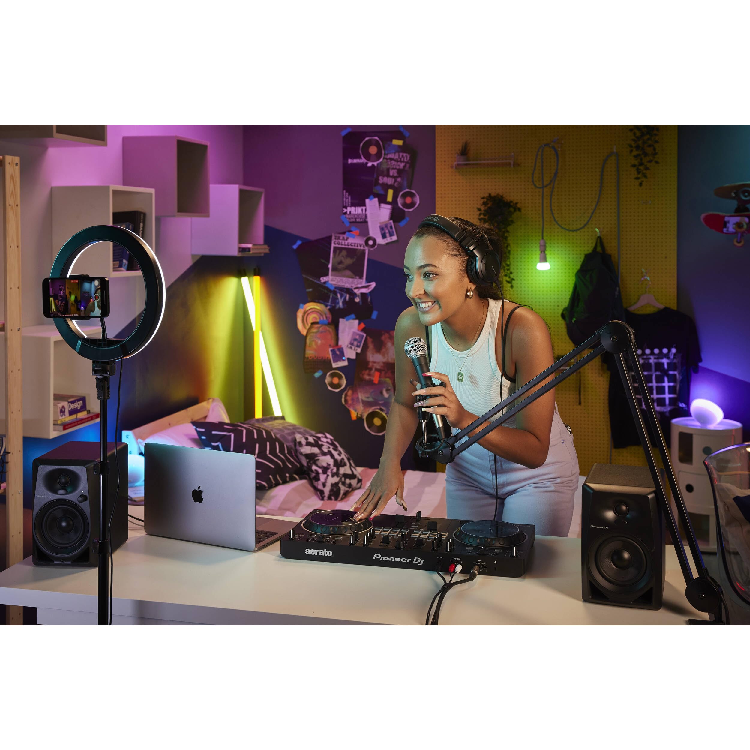 Pioneer DDJ-REV1 Professional DJ Controller Bundle with Adjustable Laptop Stand, Monitoring Headphones, Essential Cables & Polishing Cloth - Perfect for Live Performances, Home Studios & DJ Beginners