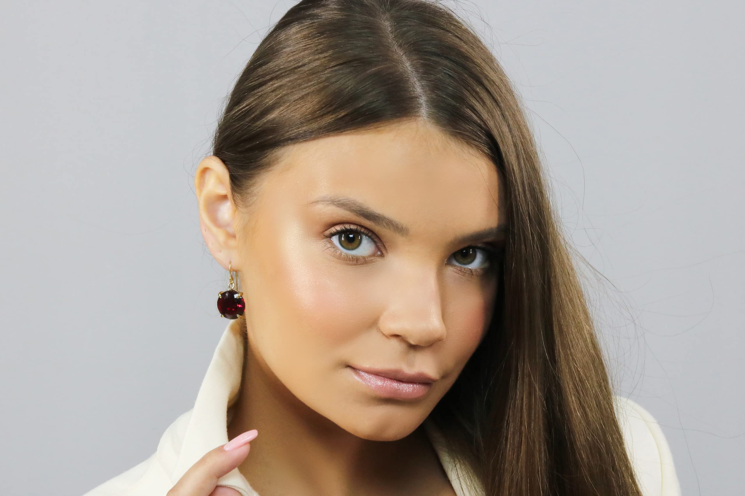 Anemone Gold Statement Earrings with Garnet - Round Stone Dangling Gemstone Earrings, Birthstone Jewelry for Women - Fashion Garnet Earrings Gift with Jewelry Box - Perfect for Parties, Weddings & Special Occasions