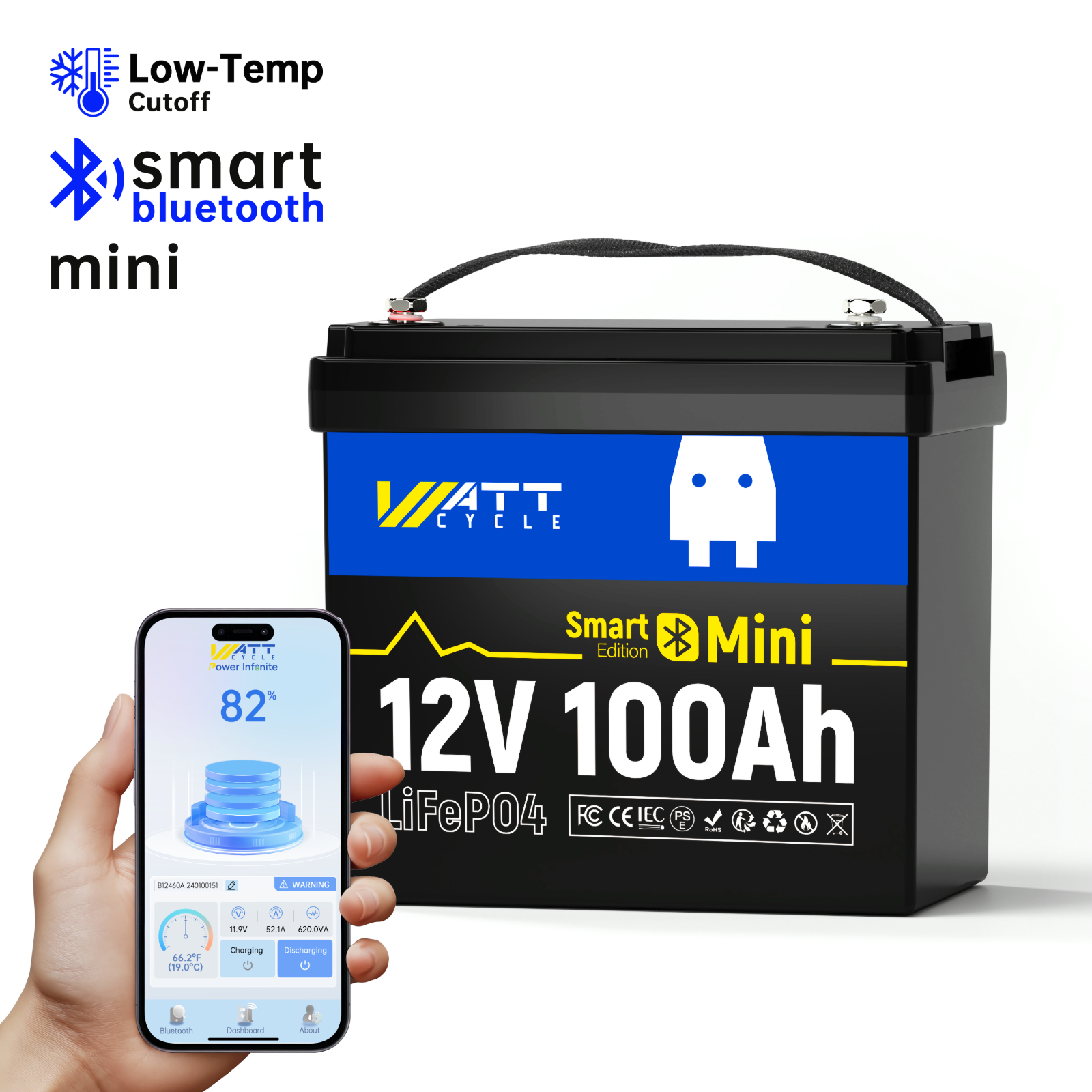 12V 100Ah Mini LiFePO4 Battery with Bluetooth - Lightweight Lithium Iron Phosphate Deep Cycle Battery for RV, Solar, Marine & Off-Grid Power - Perfect for Camping, Boating and Emergency Backup