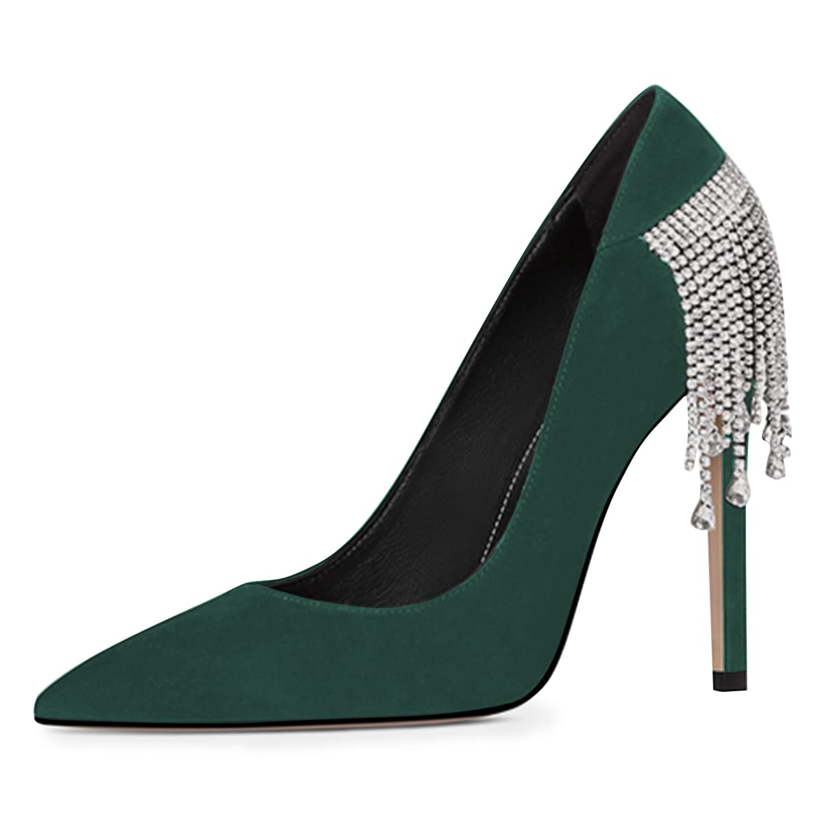 XYD Women's Suede Pointy Toe Stiletto Pumps with Rhinestone Back, Fringe & Crystal Pendant - Elegant Wedding & Formal Shoes for Brides, Prom, Evening Parties