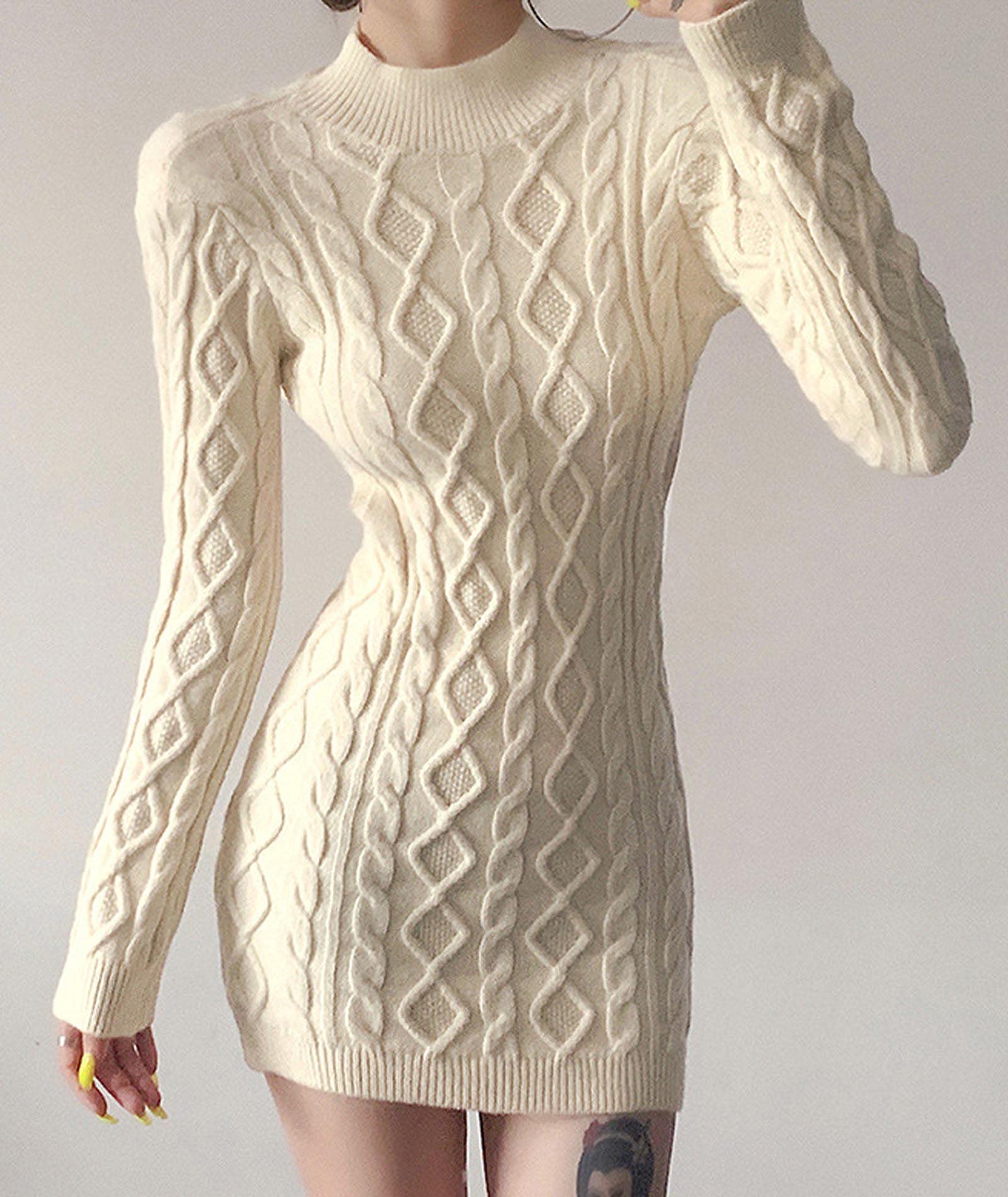 xxxiticat Women's Sexy Backless Cut Out High Neck Sweater Dress - Long Sleeve See Through Cable Knit Turtleneck Pullover for Date Night/Club/Party