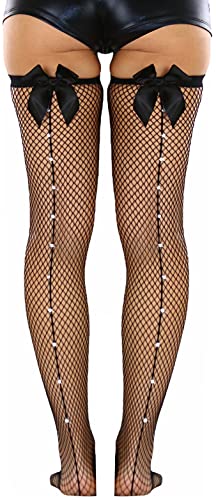 Fishnet Stockings W/ Jeweled Rhinestone Backseam and Satin Bow - Black