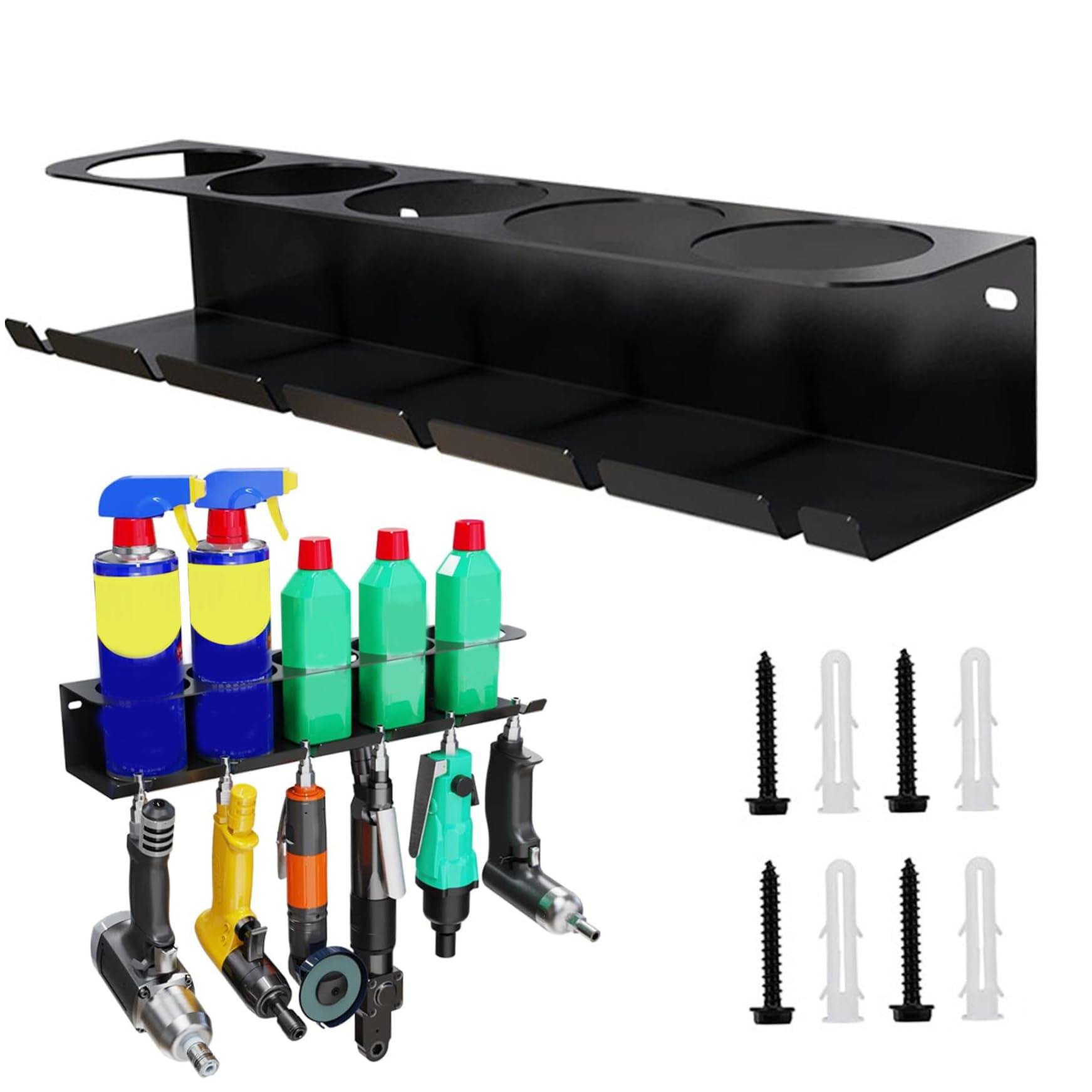 Heavy Duty Wall Mount Aerosol Can Holder with 5 Cans & 6 Slots - Upward Curved Black Metal Spray Bottle Organizer for Garage, Workshop, Kitchen, Bathroom and Workspace Storage
