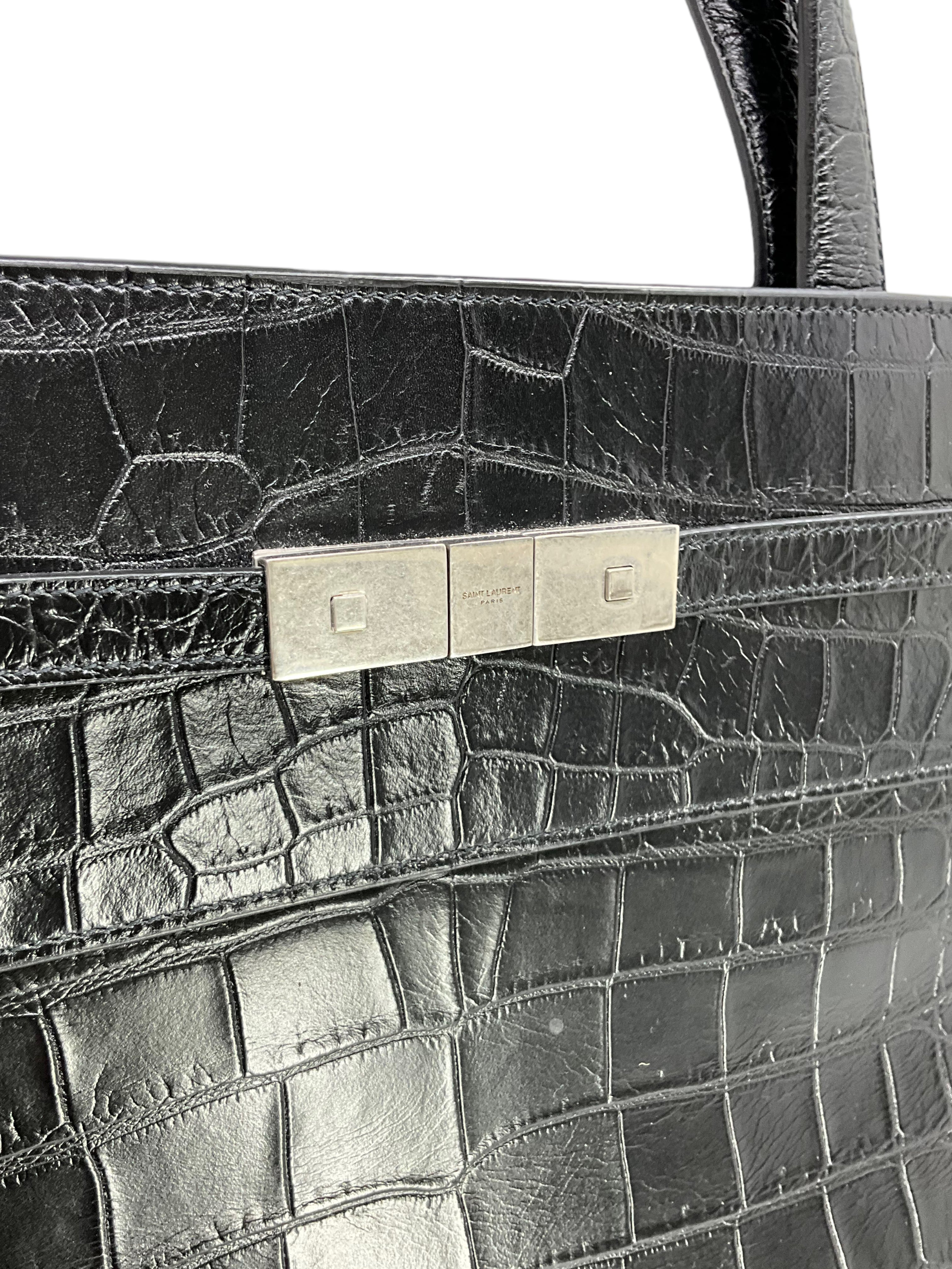 SAINT LAURENT Manhattan Crocodile Embossed Leather Large Travel Bag Satchel for Women - Perfect for Business Trips, Weekend Getaways & Luxury Travel Accessories