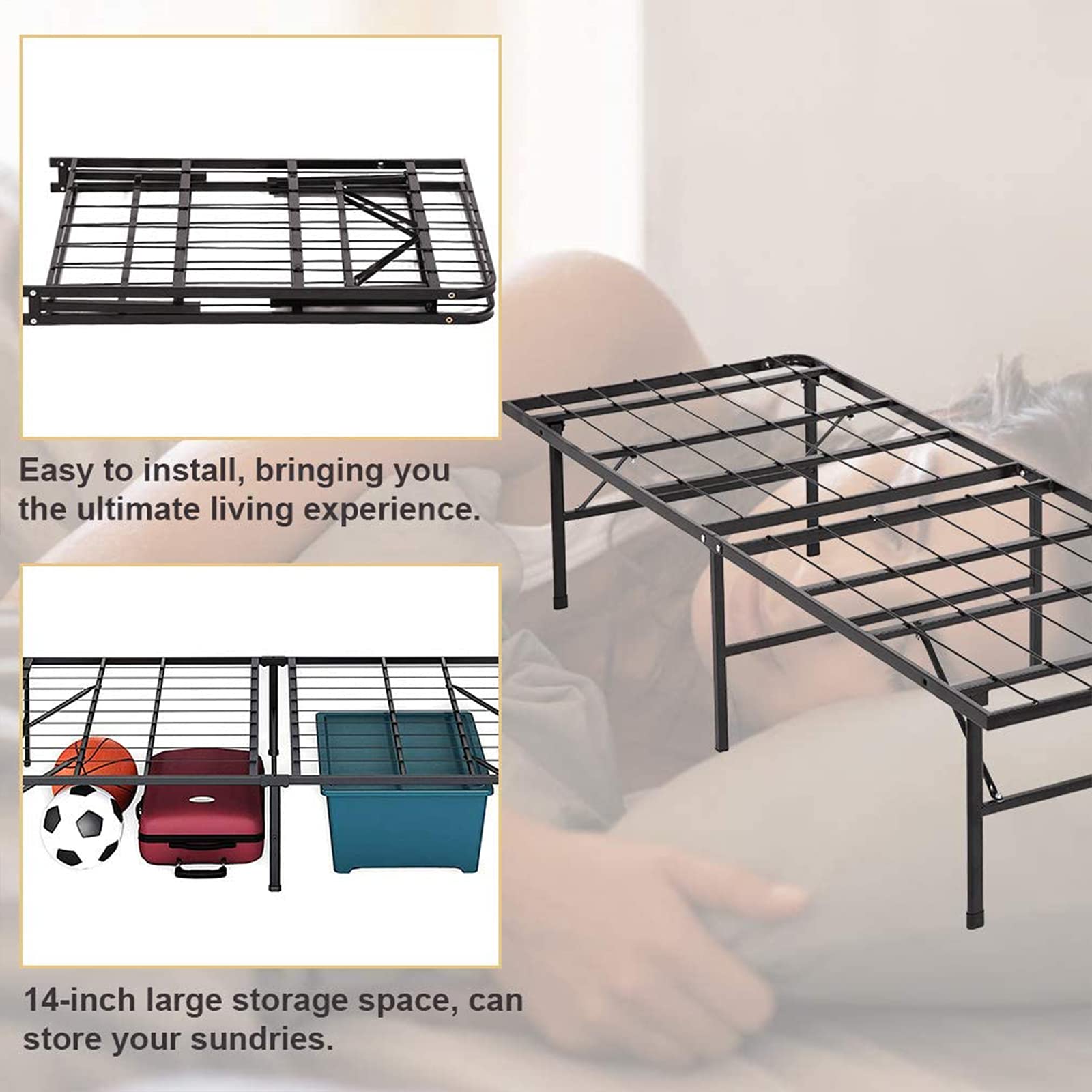 14 Inch Heavy Duty Metal Bed Frame - Twin Size Folding Platform with Steel Slat Support, Under Bed Storage Space, No Box Spring Needed, Noise-Free Design, Non-Slip Mat Included (Black, 75
