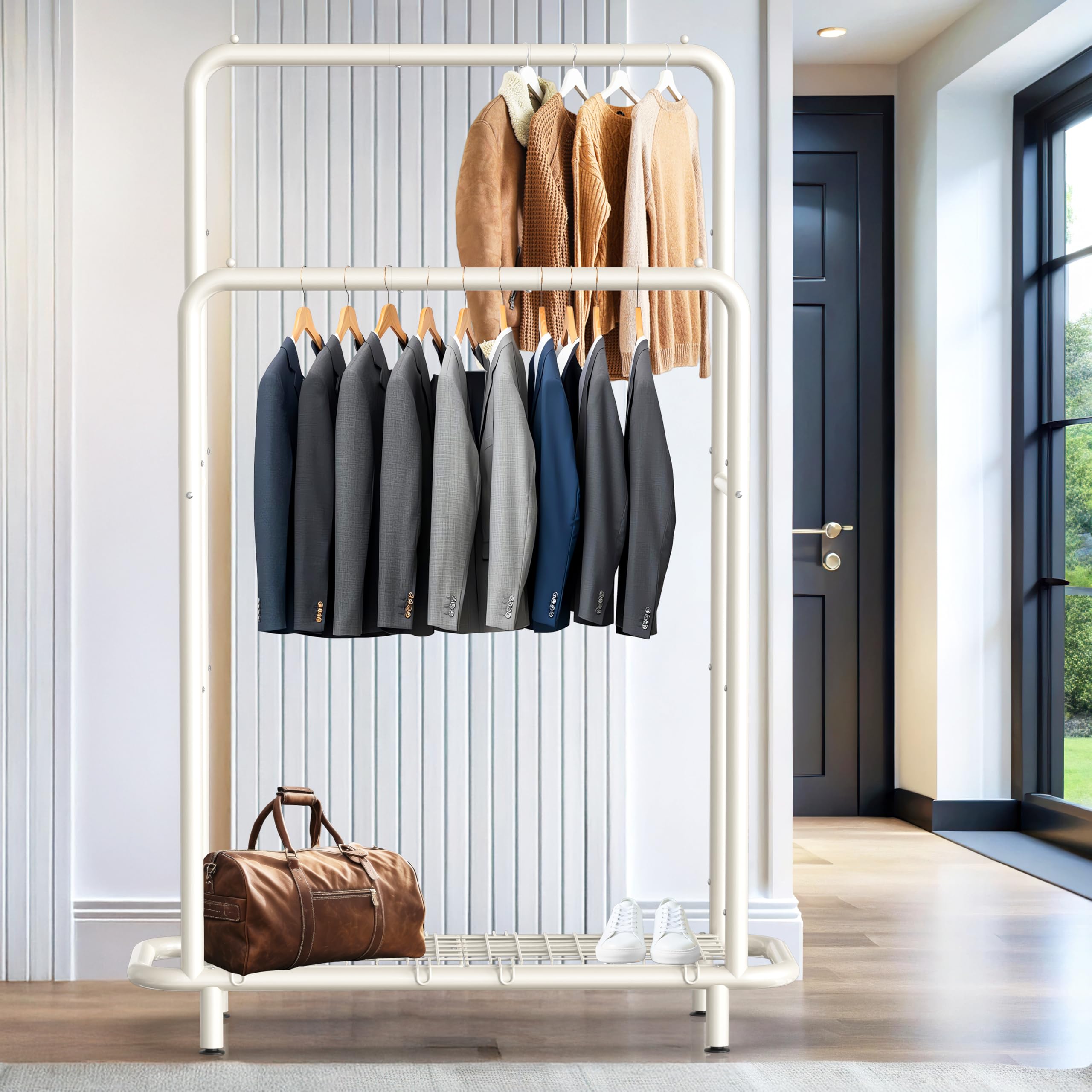 Simple Houseware Double Rod Clothing Garment Rack with Bottom Shelves - White | Space-Saving Closet Organizer for Bedroom, Laundry Room & Dorm Storage
