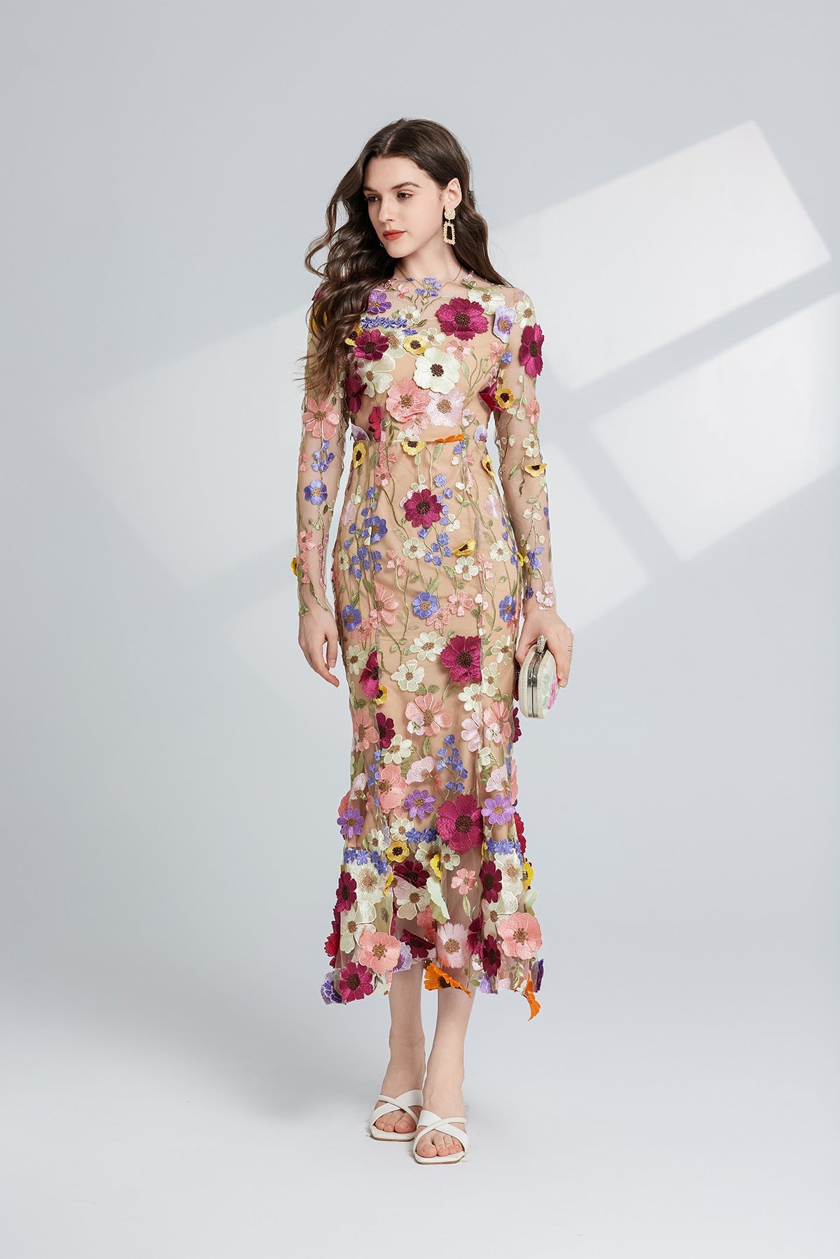 CAROL Brown Floral Embroidered Mesh Long Sleeve Midi Dress for Women - Elegant Party, Wedding Guest & Spring Occasion Wear