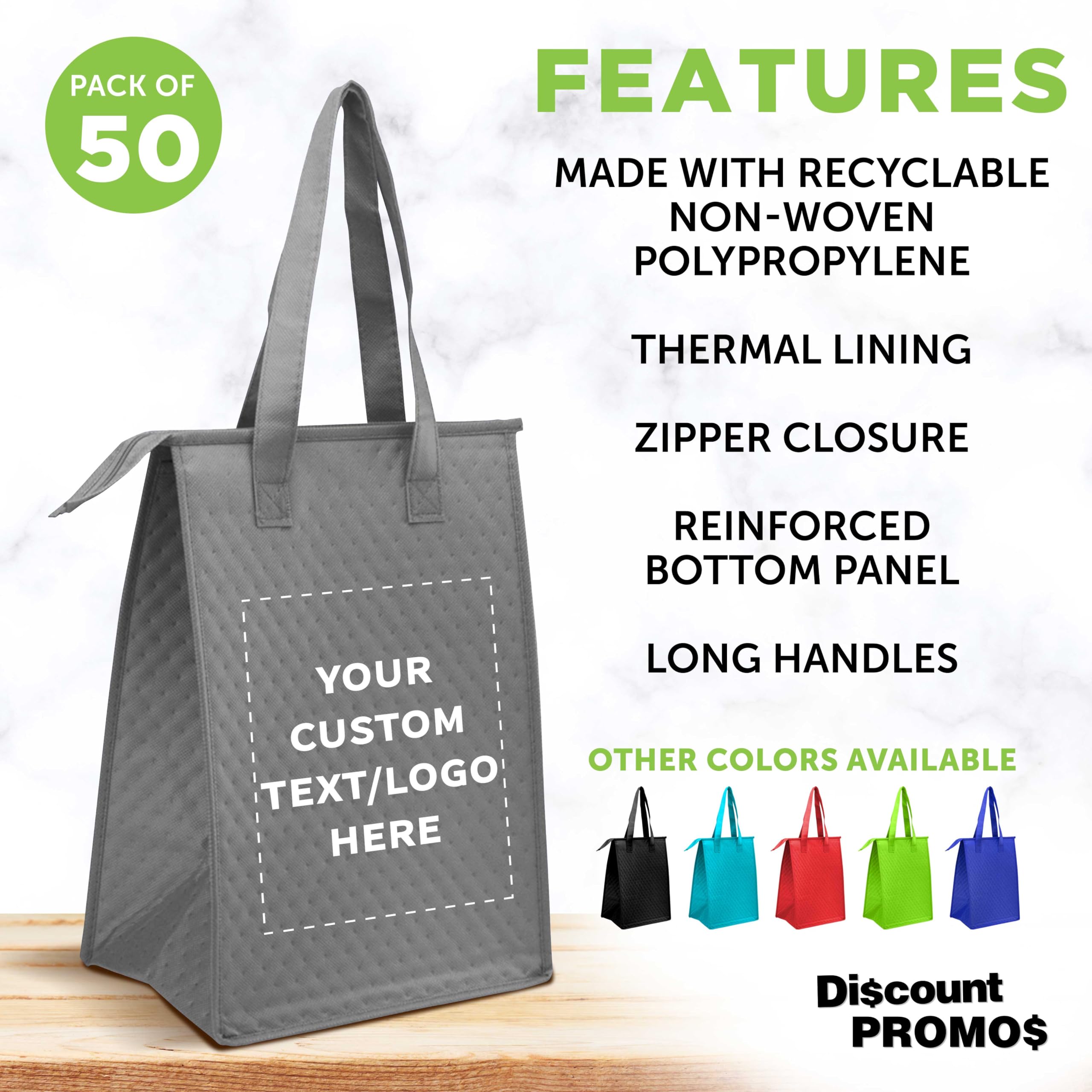 Custom Insulated Lunch Tote Bags with Zipper - Set of 50, Grey, Unisex - Perfect for Office, School & Picnics | Bulk Discount Promos