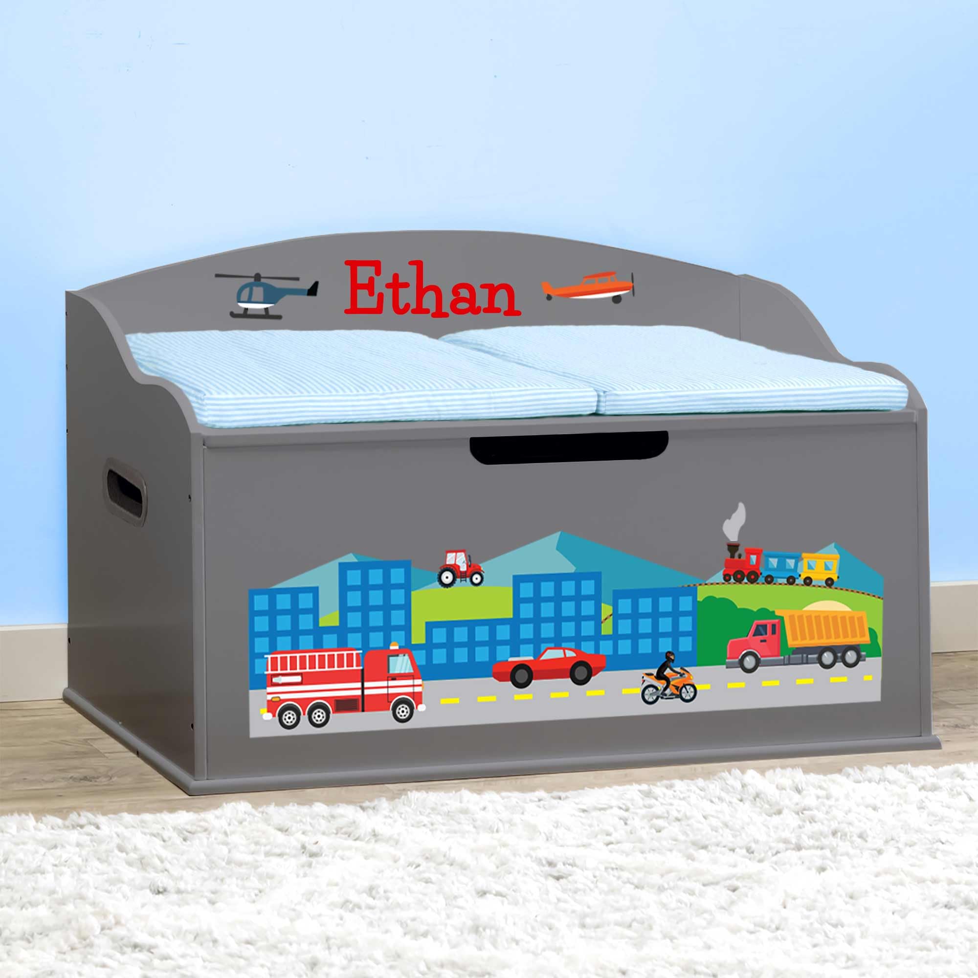 DIBSIES Personalized Kids Toy Storage Box - Cars, Trucks, Planes & Trains Design in Dovetail Grey | Creative Organizer for Bedroom, Playroom & Nursery